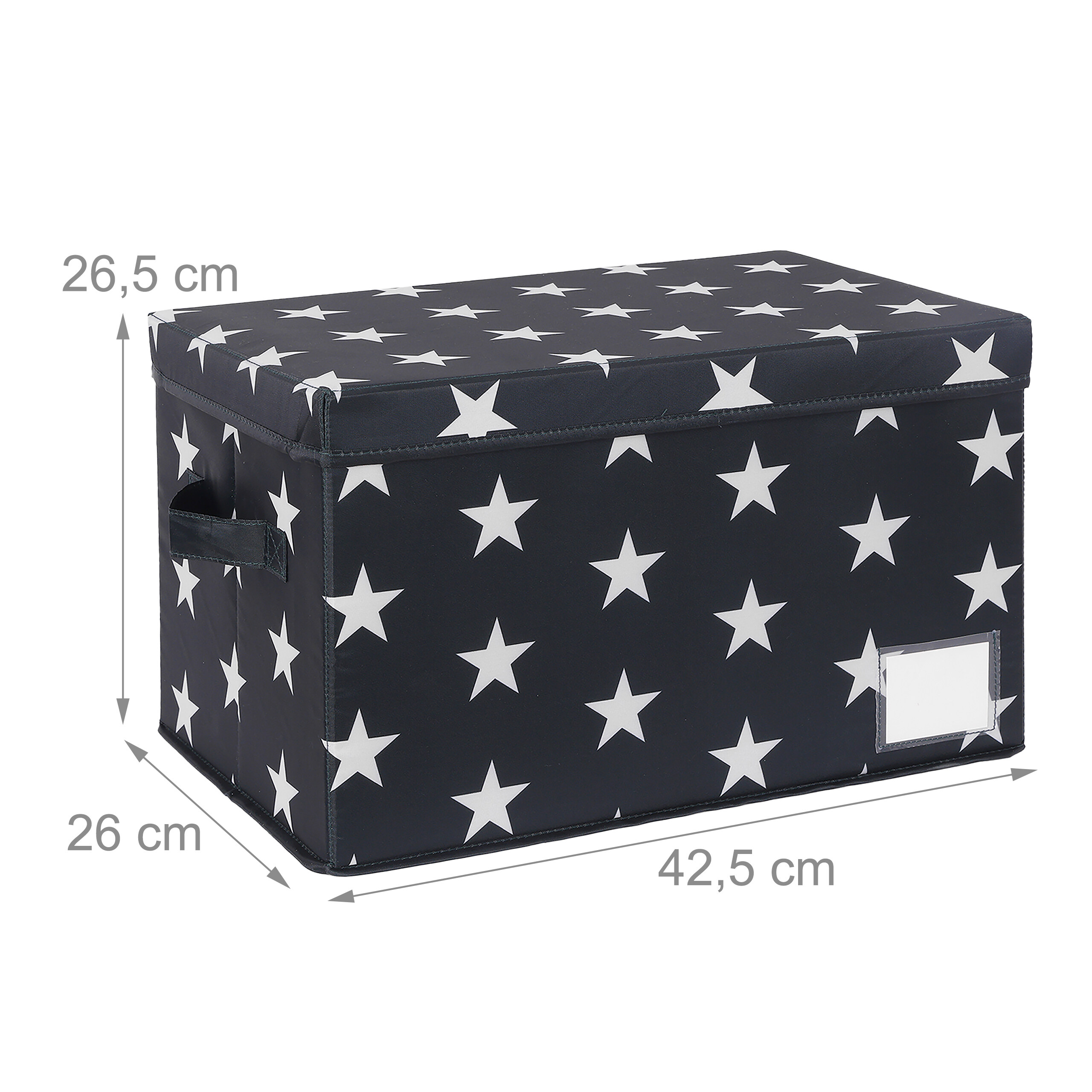 Dunkelblaue Aufbewahrungsbox mit weißen Sternen, Etikettenhalter und Maßen 42,5 x 26 x 26,5 cm auf weißem Hintergrund.