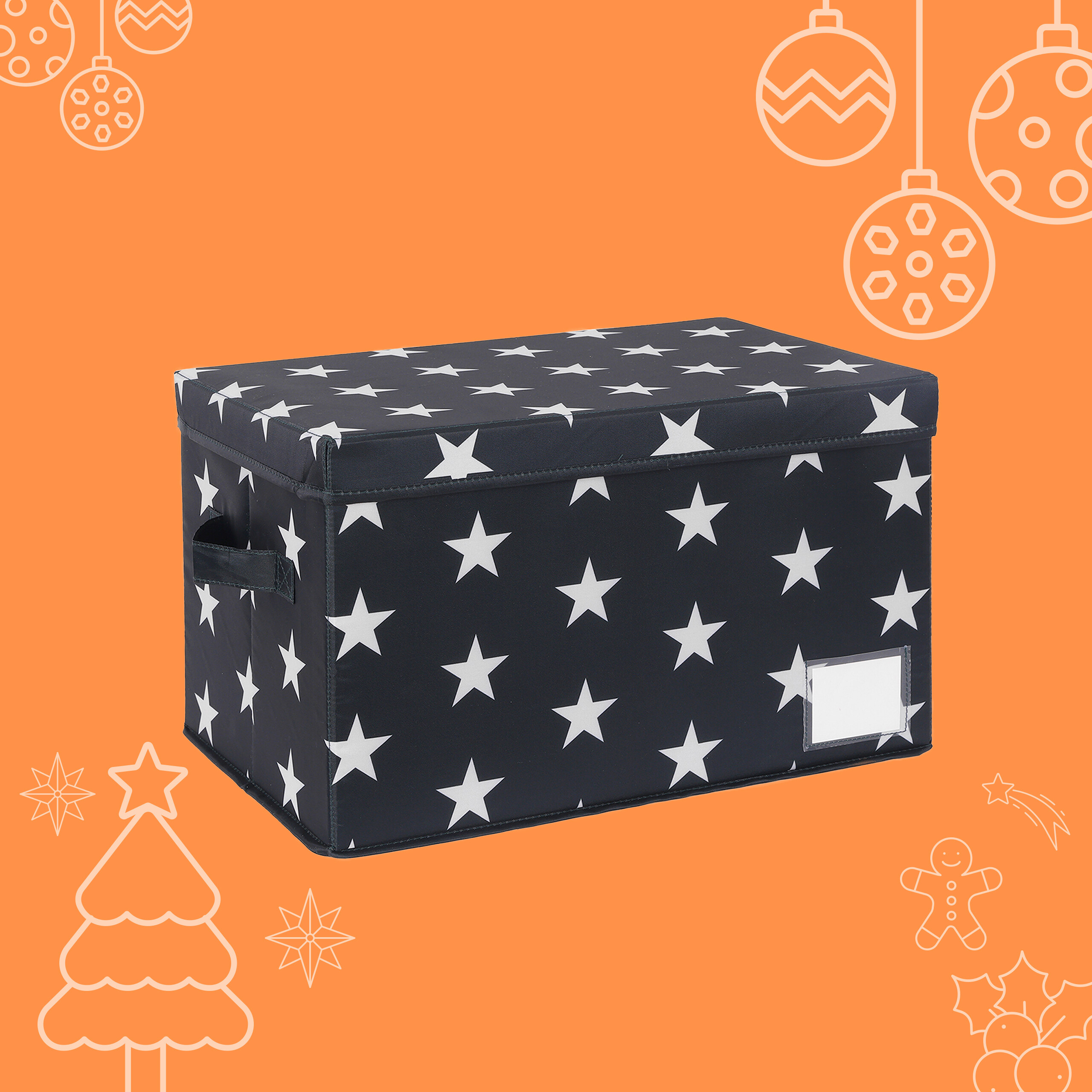 Eine schwarze Aufbewahrungsbox mit weißen Sternen vor orangefarbenem Hintergrund mit Weihnachtsmotiven.