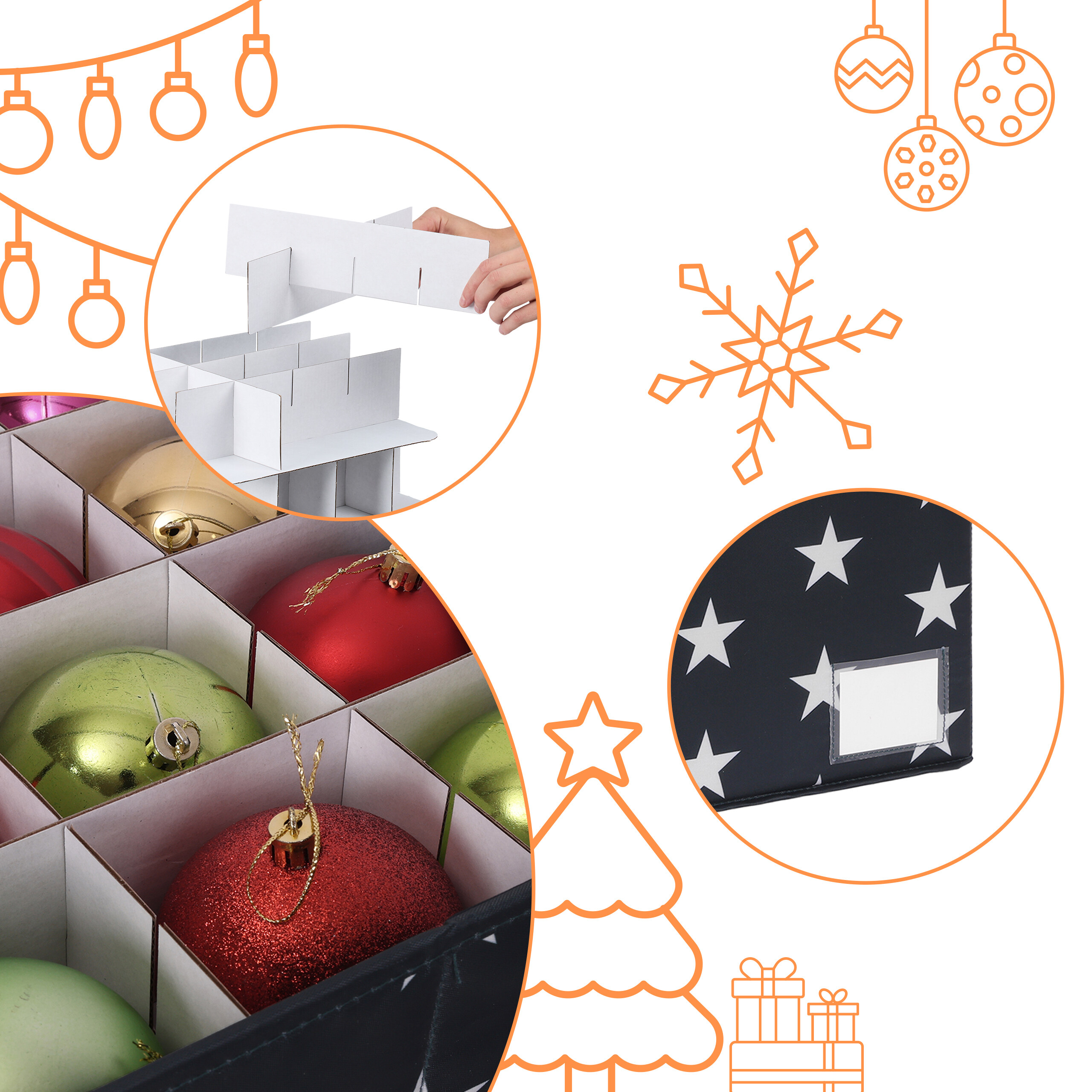 Aufbewahrungsbox für Weihnachtskugeln mit Trennwänden und Sternenmuster.