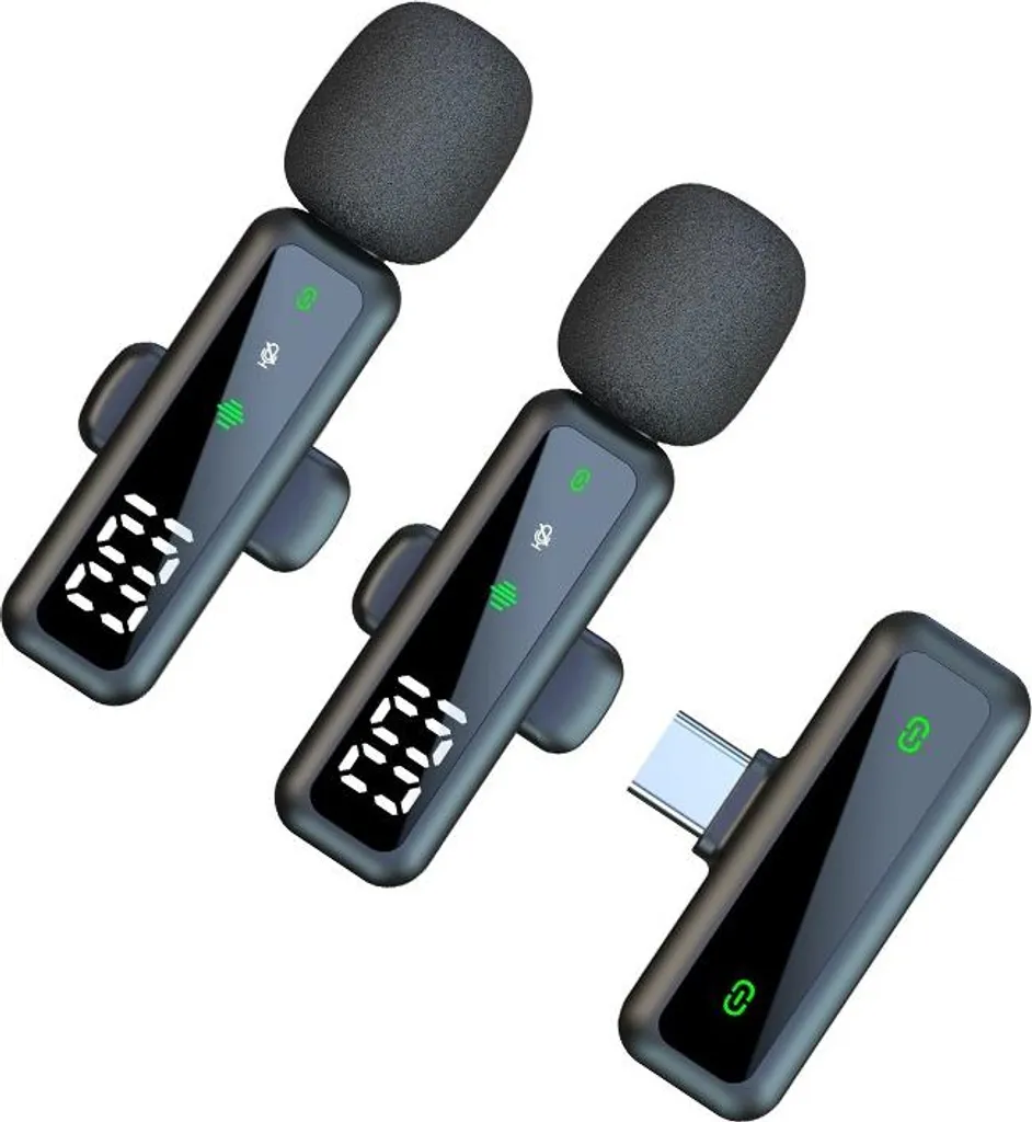 Zwei schwarze Lavallier-Mikrofone mit digitalen Anzeigen und ein USB-C-Empfänger.