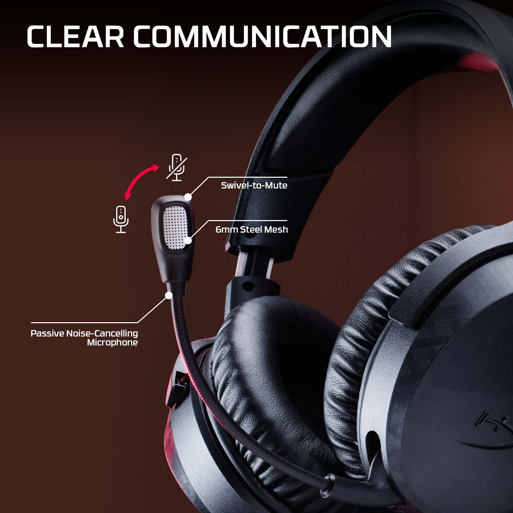 Nahaufnahme eines Gaming-Headsets mit Mikrofonfunktionen wie Stummschaltung und Rauschunterdrückung.