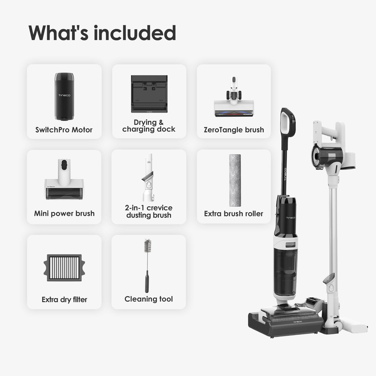 Aspirateur Tineco avec accessoires : moteur, station, brosses, filtre et outil de nettoyage.