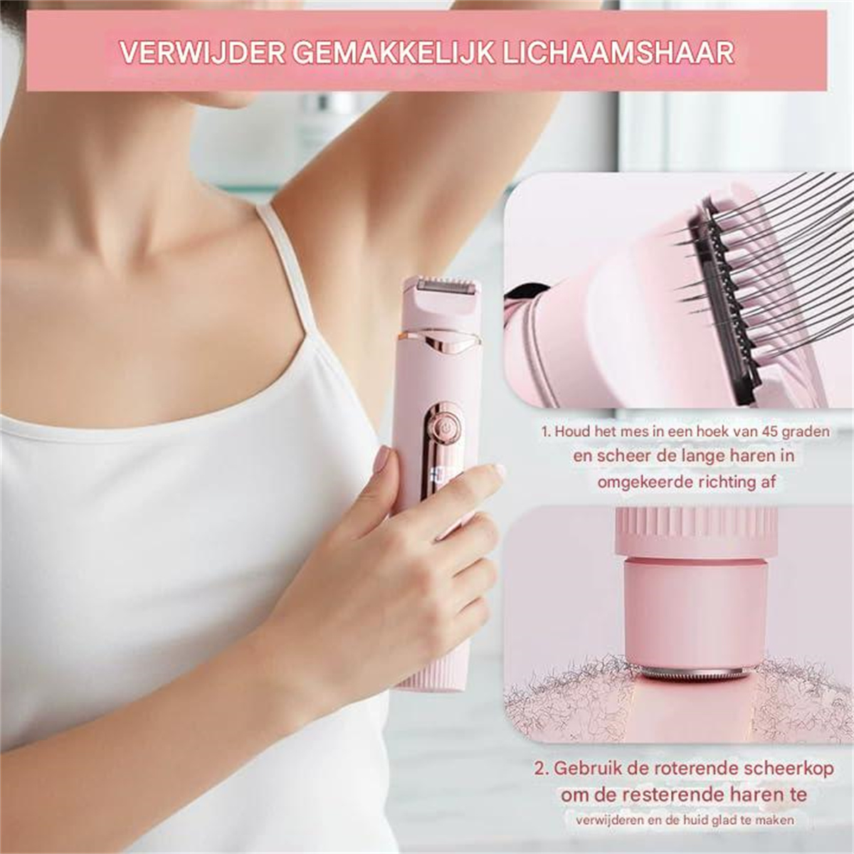 Eine Frau in weißem Top benutzt einen rosa Rasierer; Inset-Bilder zeigen die Anwendung und Klingen.
