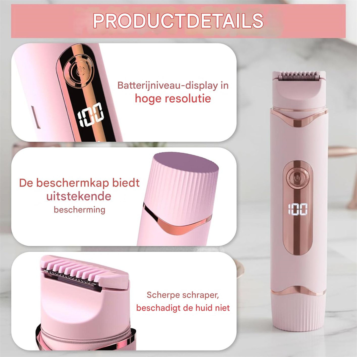 Rosa und roségoldener elektrischer Trimmer mit digitaler Anzeige und Schutzkappe im Detail.