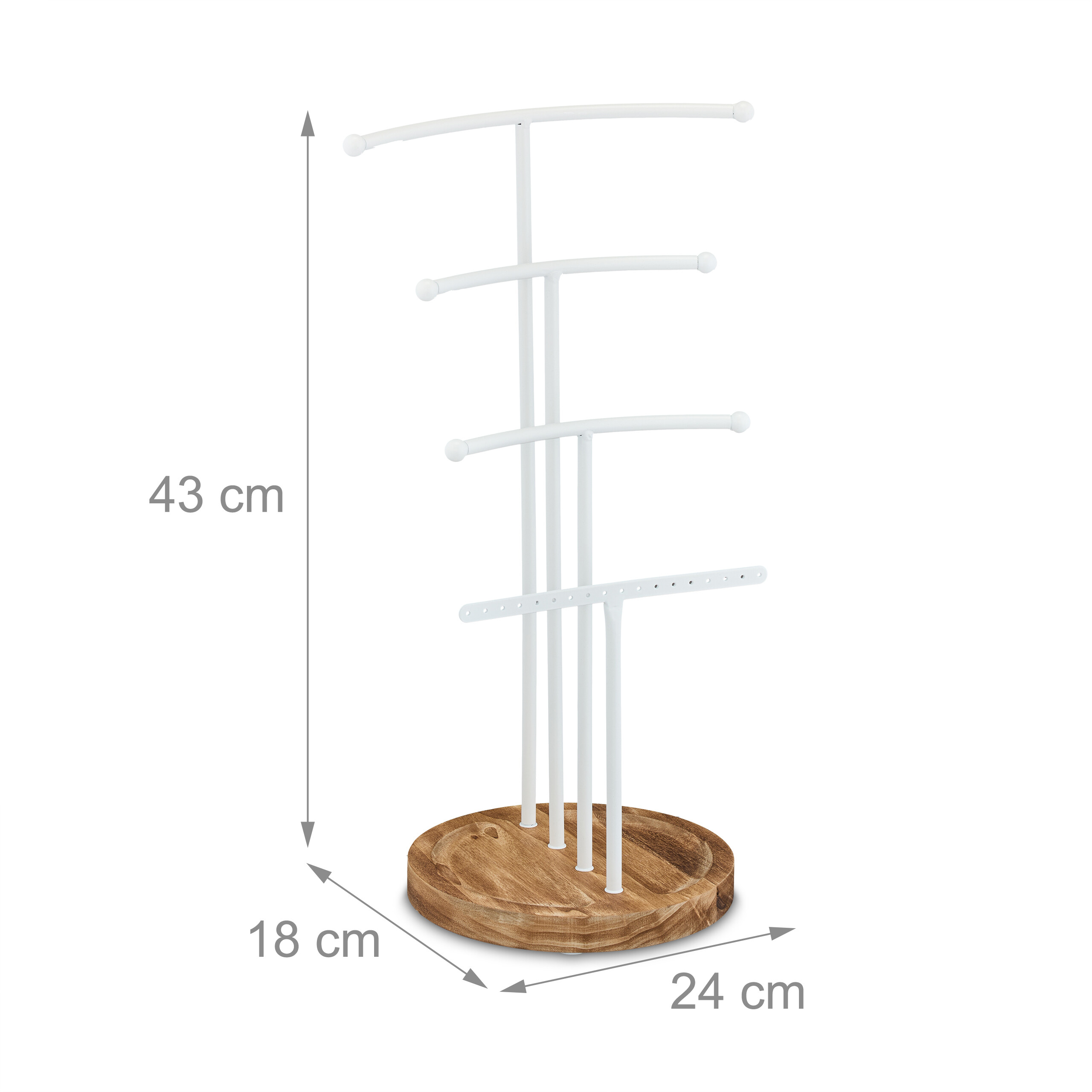 Weißer Schmuckständer mit Holzsockel und Maßen 43x24x18 cm auf weißem Grund.
