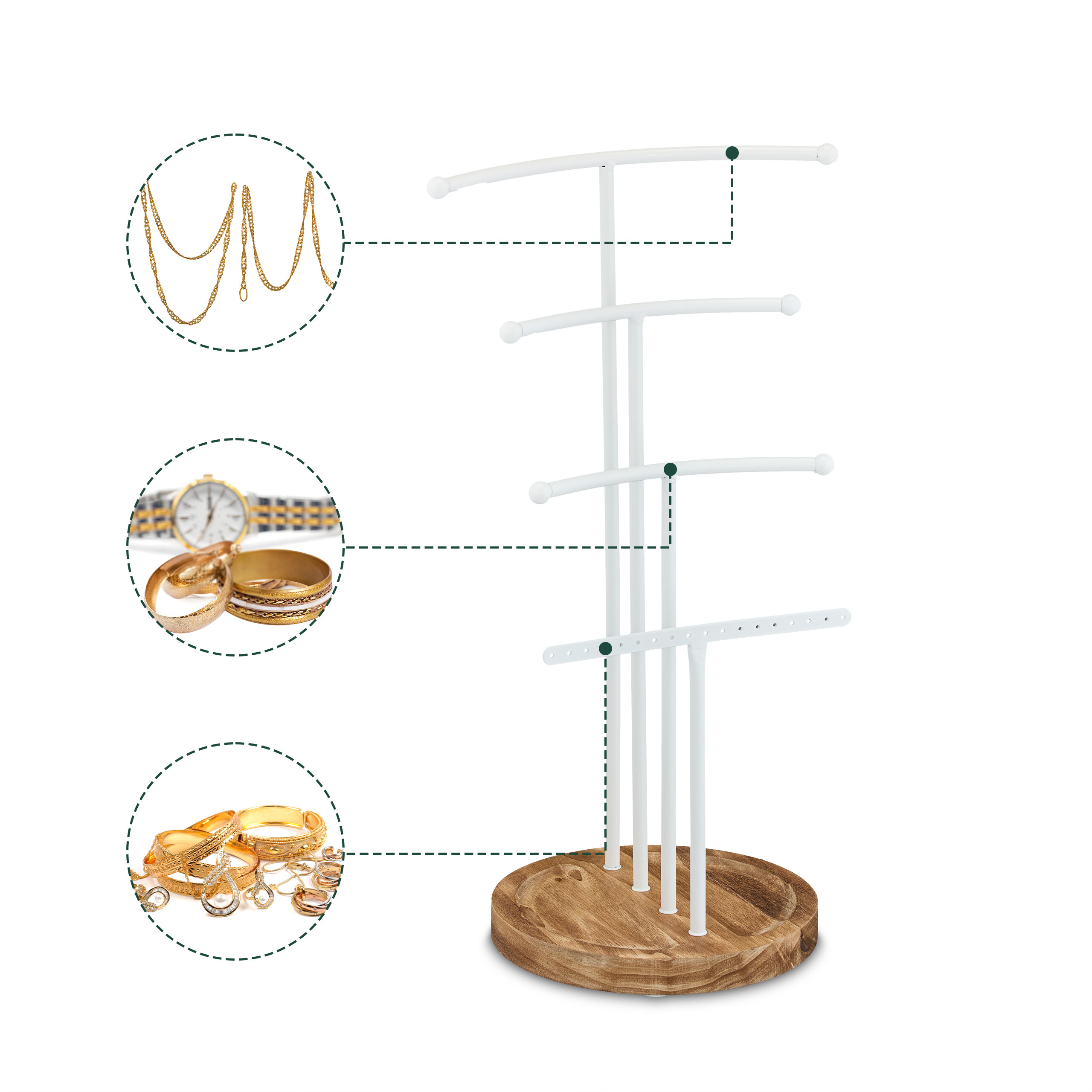 Ein weißer Schmuckständer mit Holzbasis und drei runden Ausschnitten, die Ketten, Uhren und Armbänder zeigen.