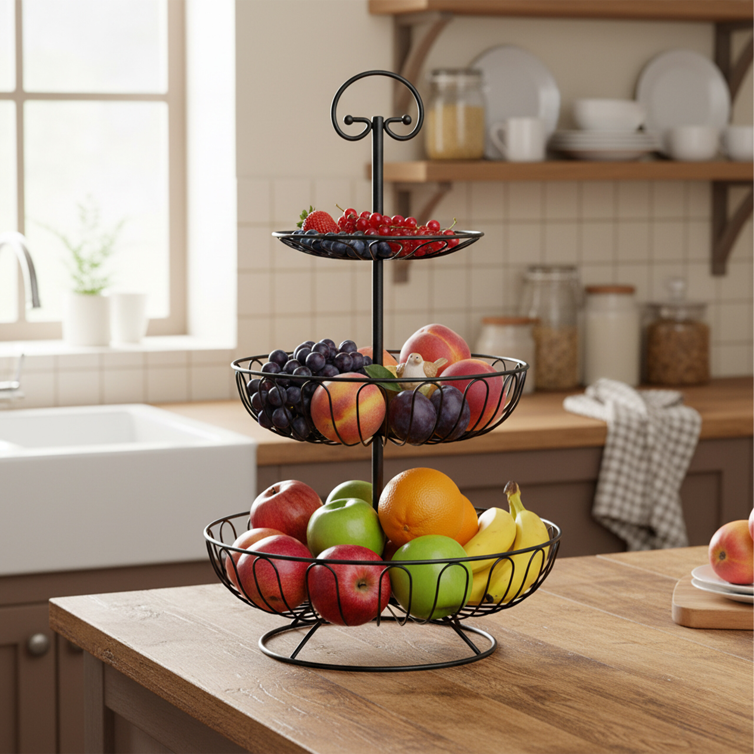 Ein dreistöckiger schwarzer Metallkorb voller frischem Obst steht auf einem Holztisch in einer hellen Küche.