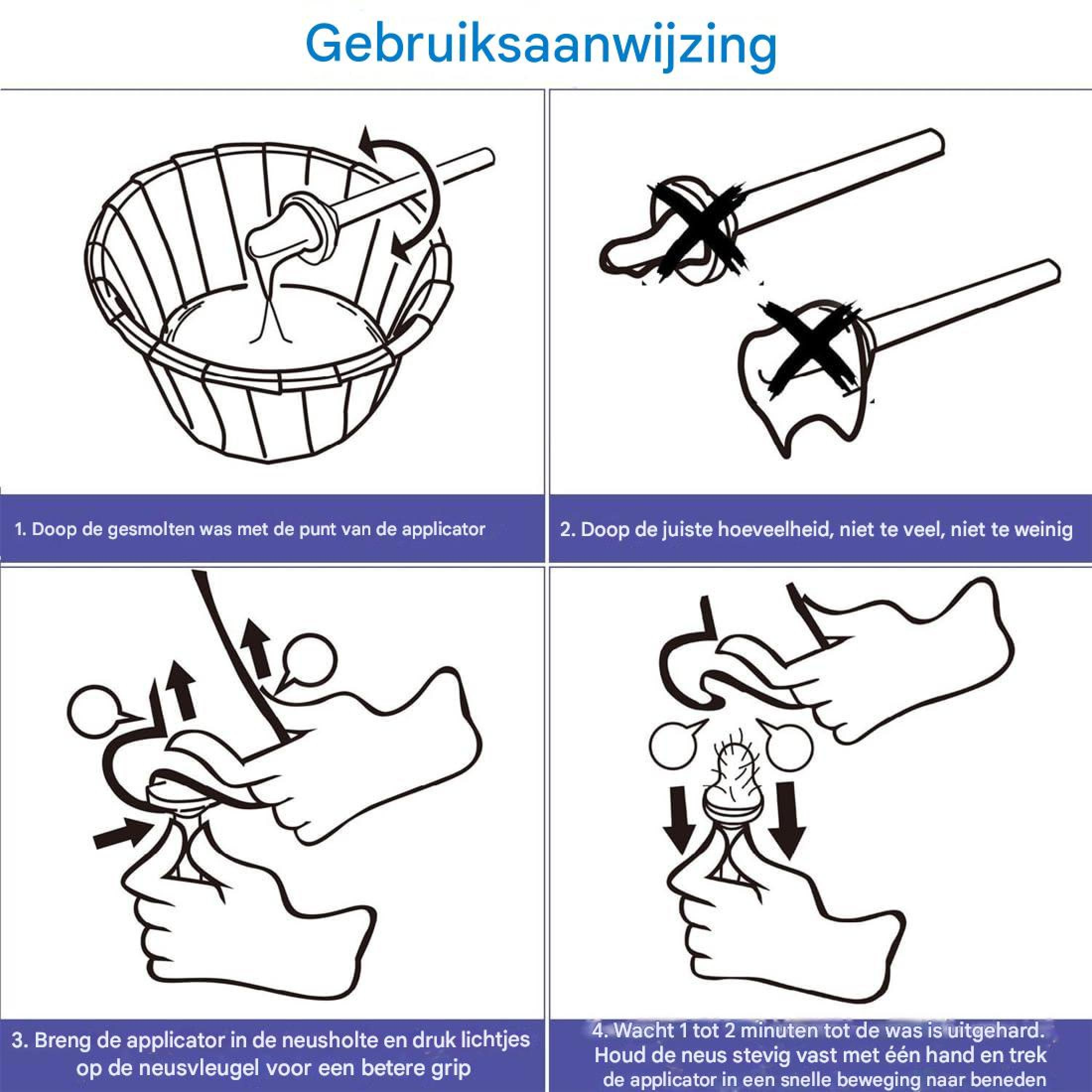 Anleitung zur Anwendung von Nasenwachs in vier illustrierten Schritten.
