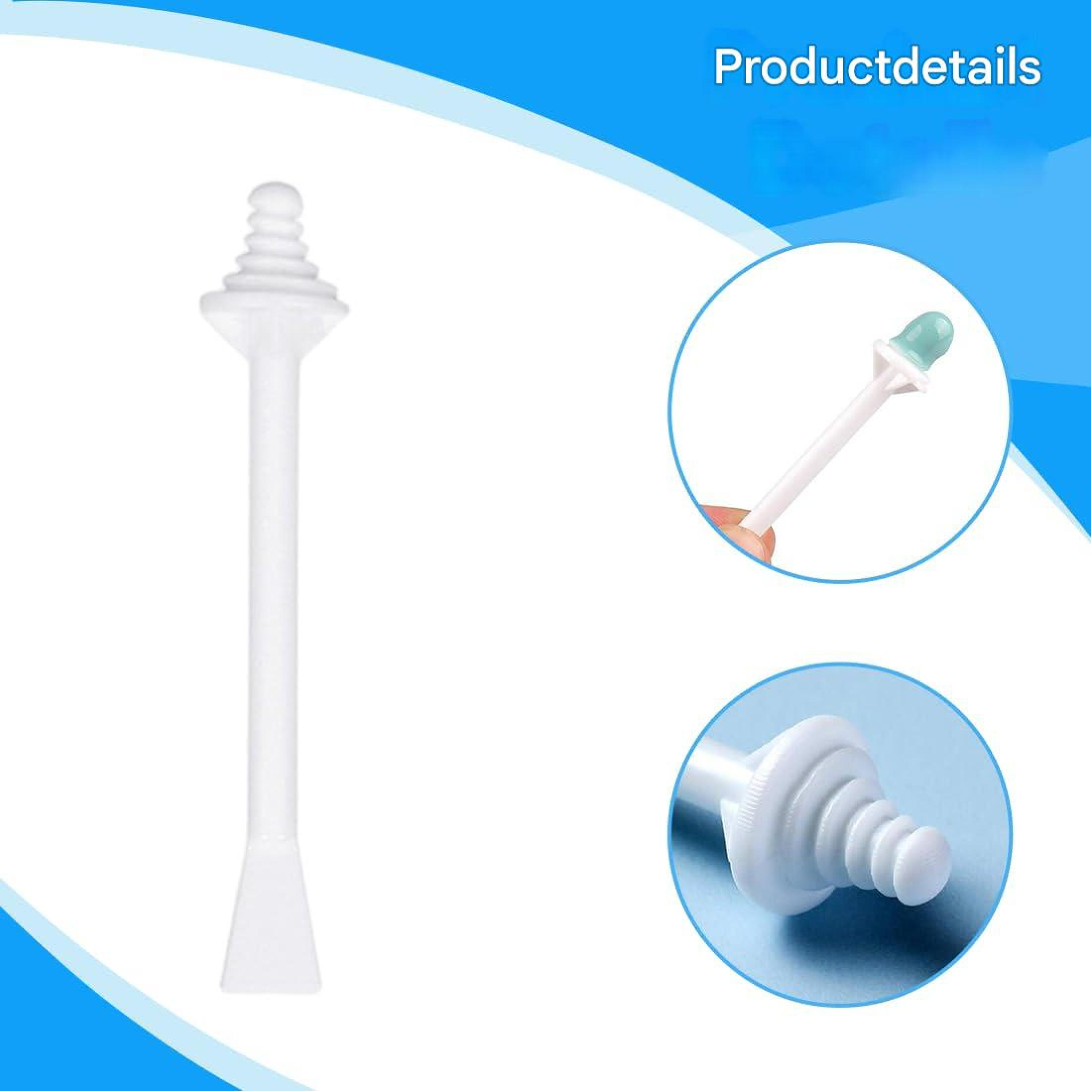Produktkatalogbild mit einem weißen Plastikwerkzeug, Detailaufnahmen zeigen den oberen Teil mit verschiedenen Aufsätzen.