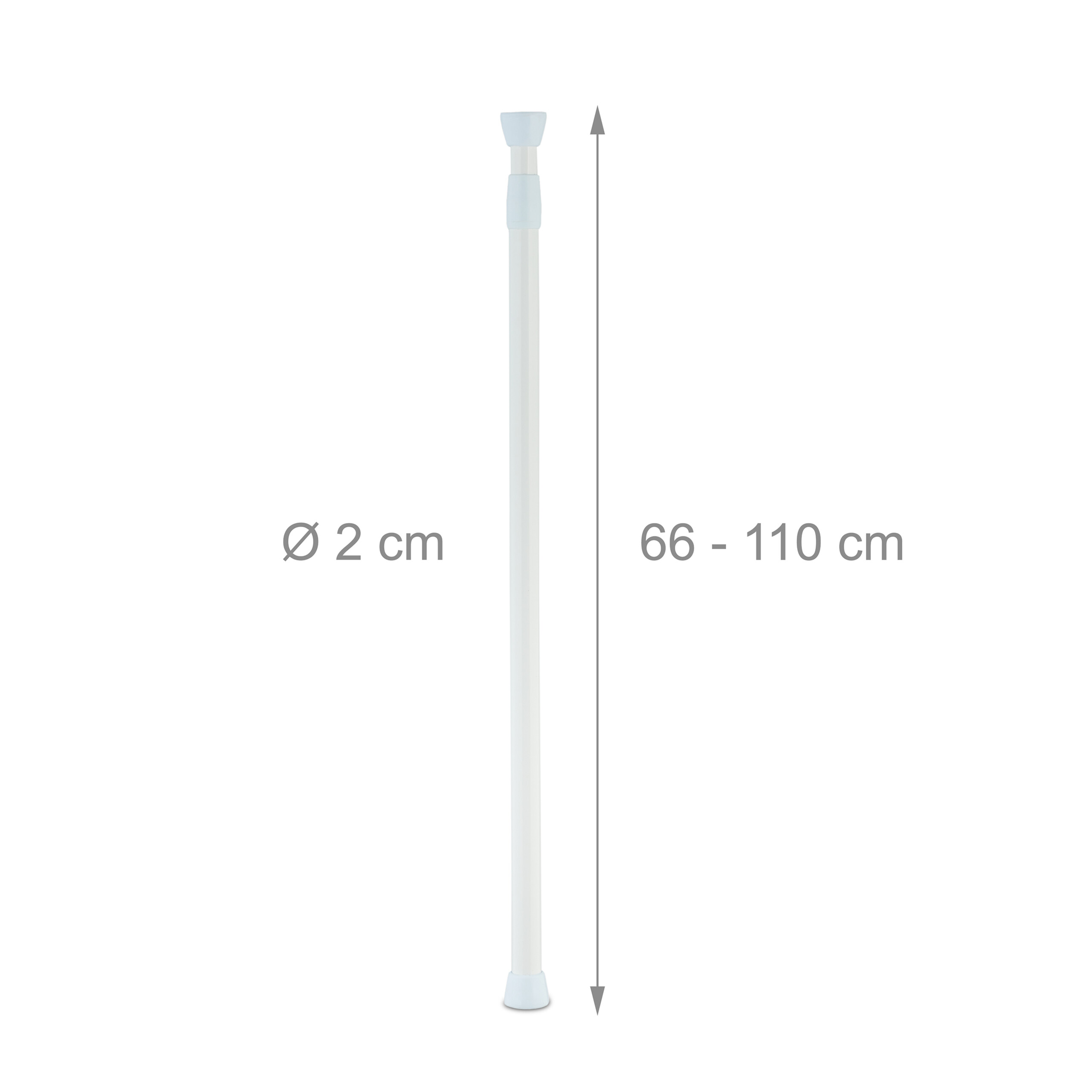 Weiße ausziehbare Stange mit 2 cm Durchmesser und 66 bis 110 cm Länge vor neutralem Hintergrund.