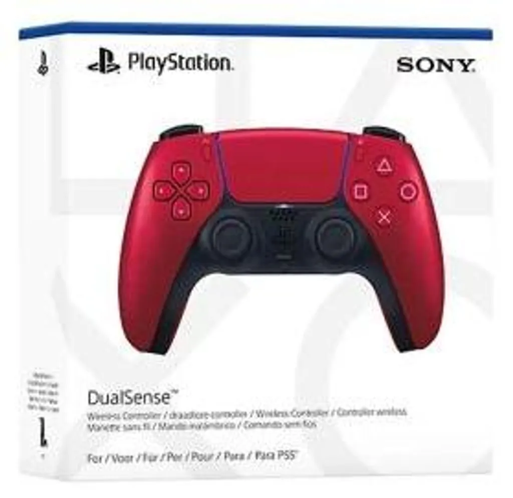Eine Verpackung für den roten PlayStation 5 DualSense Wireless Controller mit PlayStation- und Sony-Logos.