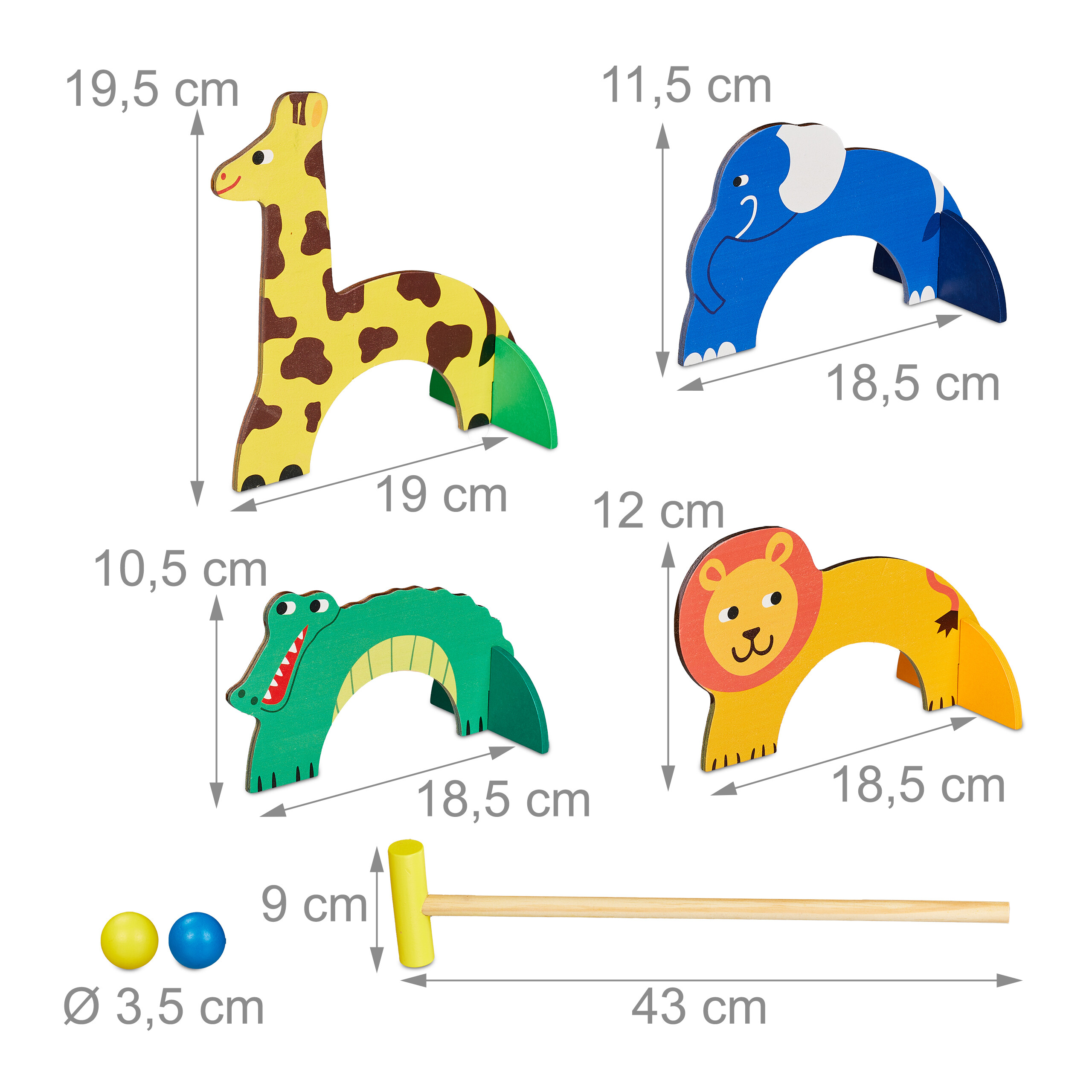 Holzspielzeug-Set mit Giraffe, Elefant, Krokodil, Löwe, zwei Kugeln und Schläger mit Maßangaben.