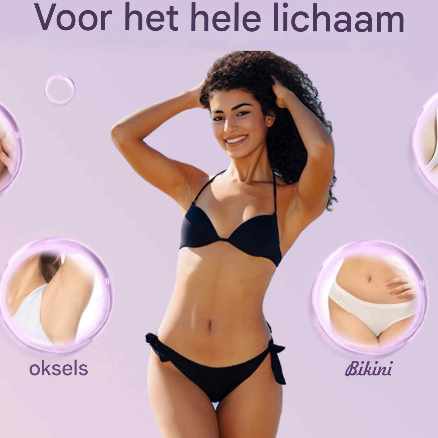 Lächelnte Frau im schwarzen Bikini mit Blasen für Achsel und Bikini vor hellvioletterem Hintergrund.