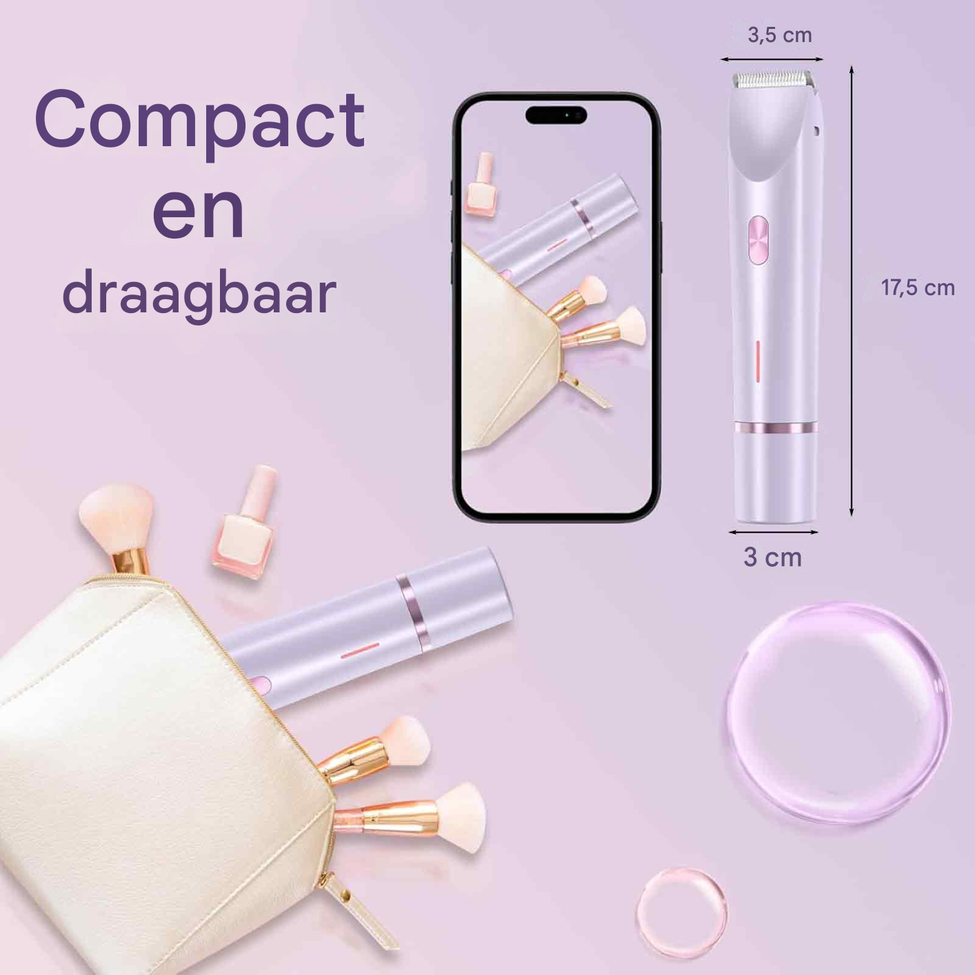 Kompakter lila Trimmer neben einer Kosmetiktasche, Make-up-Pinseln, Nagellack und den Maßen 17,5x3 cm.