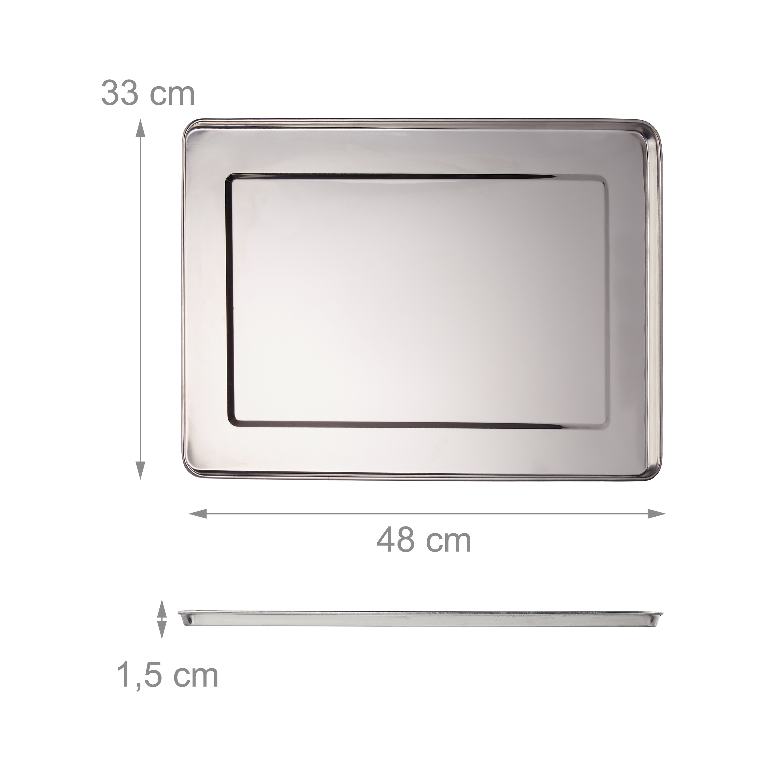 Ein rechteckiges Silberbackblech mit Maßen von 48 cm Breite, 33 cm Länge und 1,5 cm Höhe in Draufsicht und Seitenansicht.