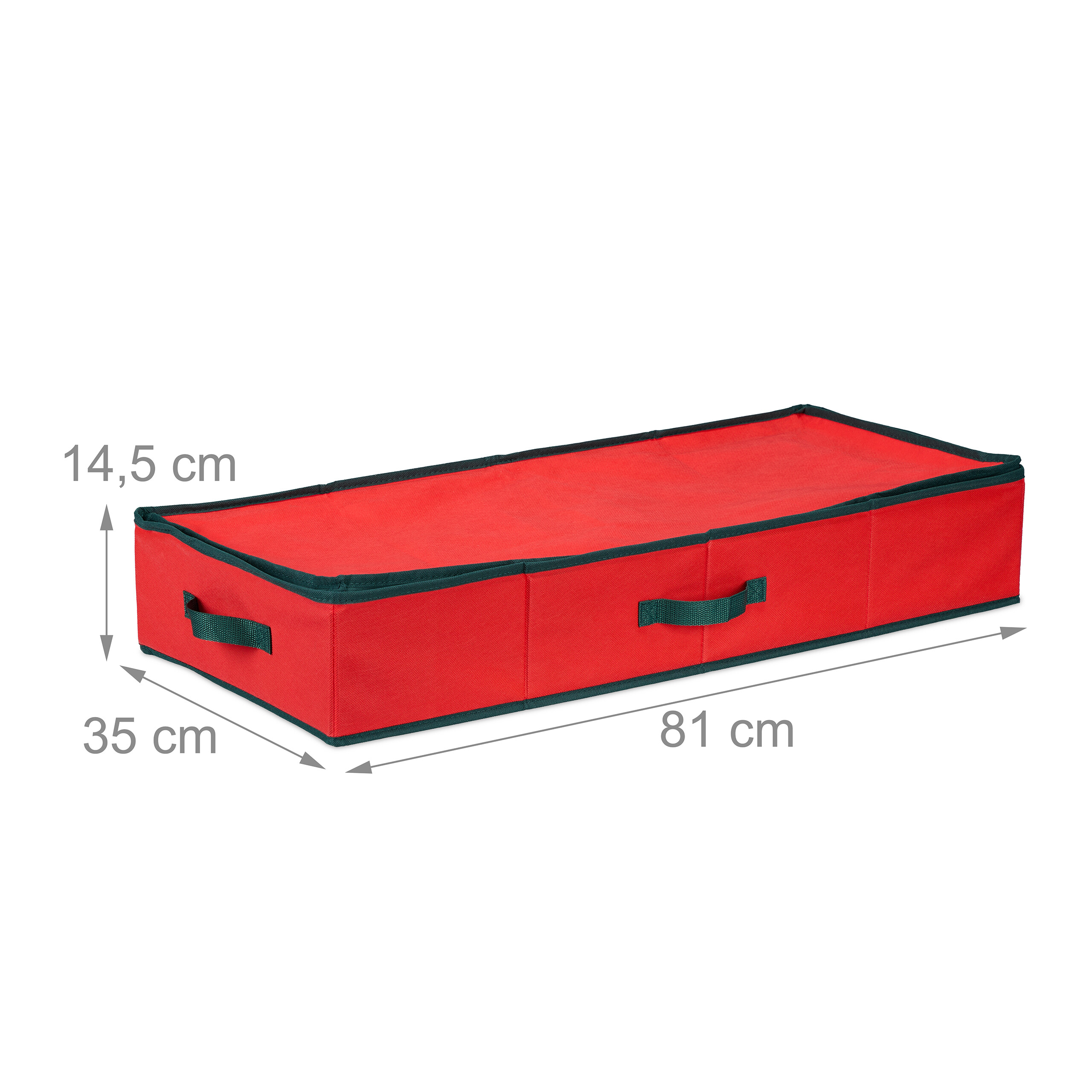 Flacher roter Aufbewahrungsbeutel mit grünen Griffen und Maßen 81x35x14,5 cm.