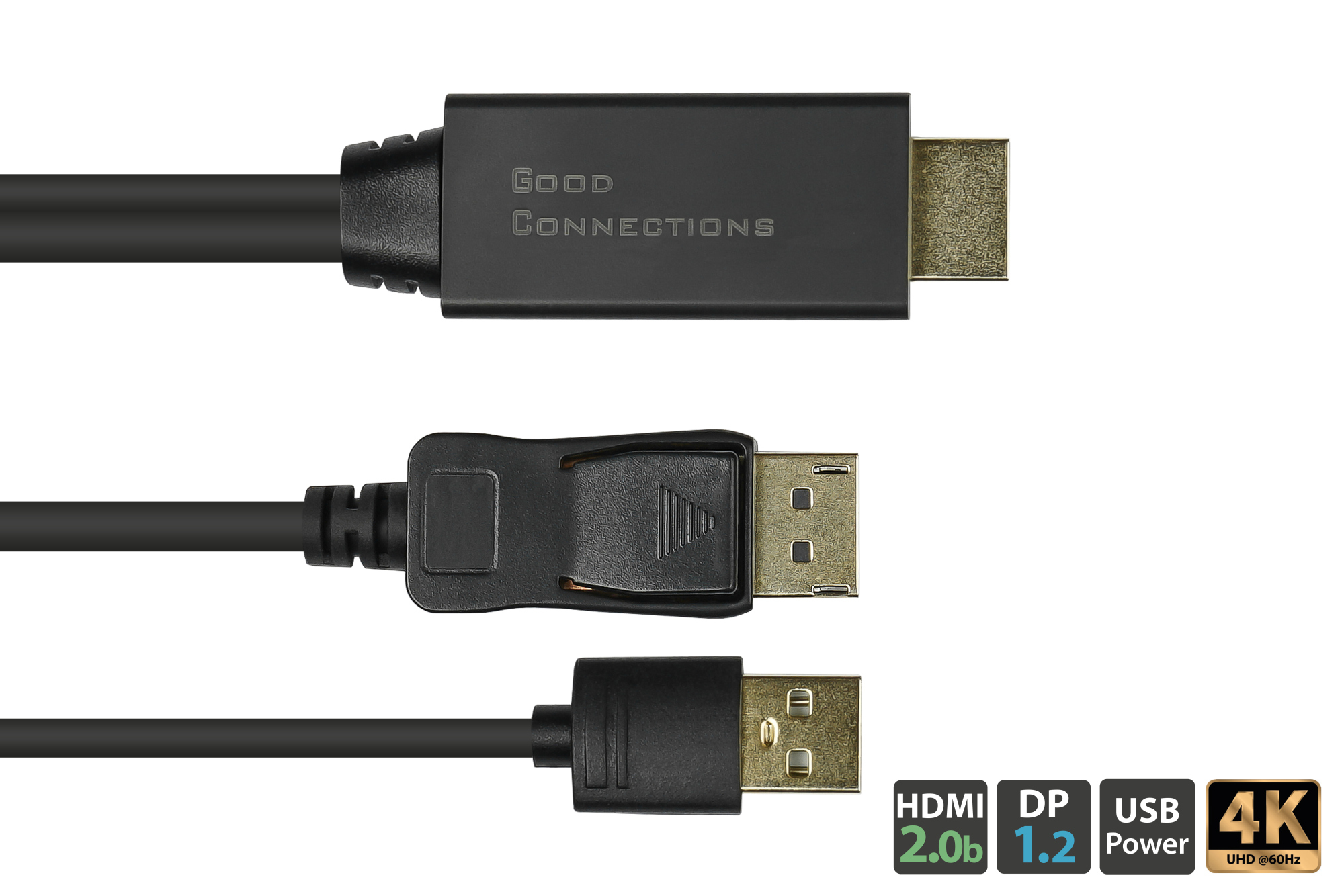 Tres cables negros con conectores HDMI, DisplayPort y USB, etiquetados HDMI 2.0b, DP 1.2, USB Power y 4K.