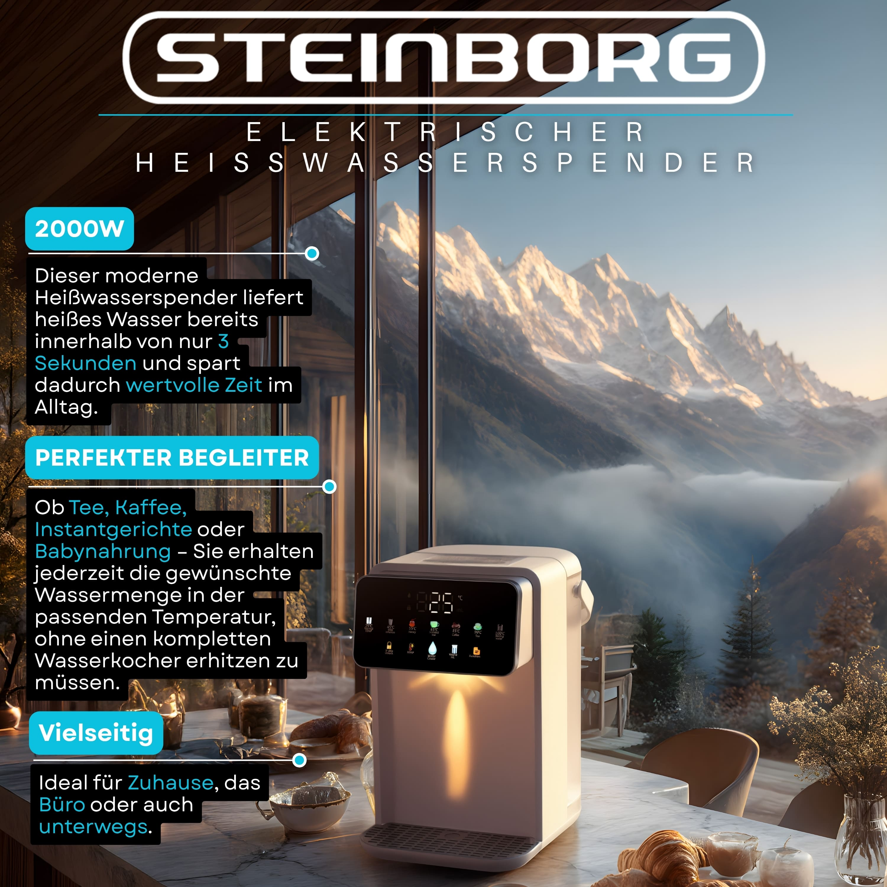 Steinborg Heißwasserspender auf Tisch mit Berglandschaft im Hintergrund und Textfeldern.