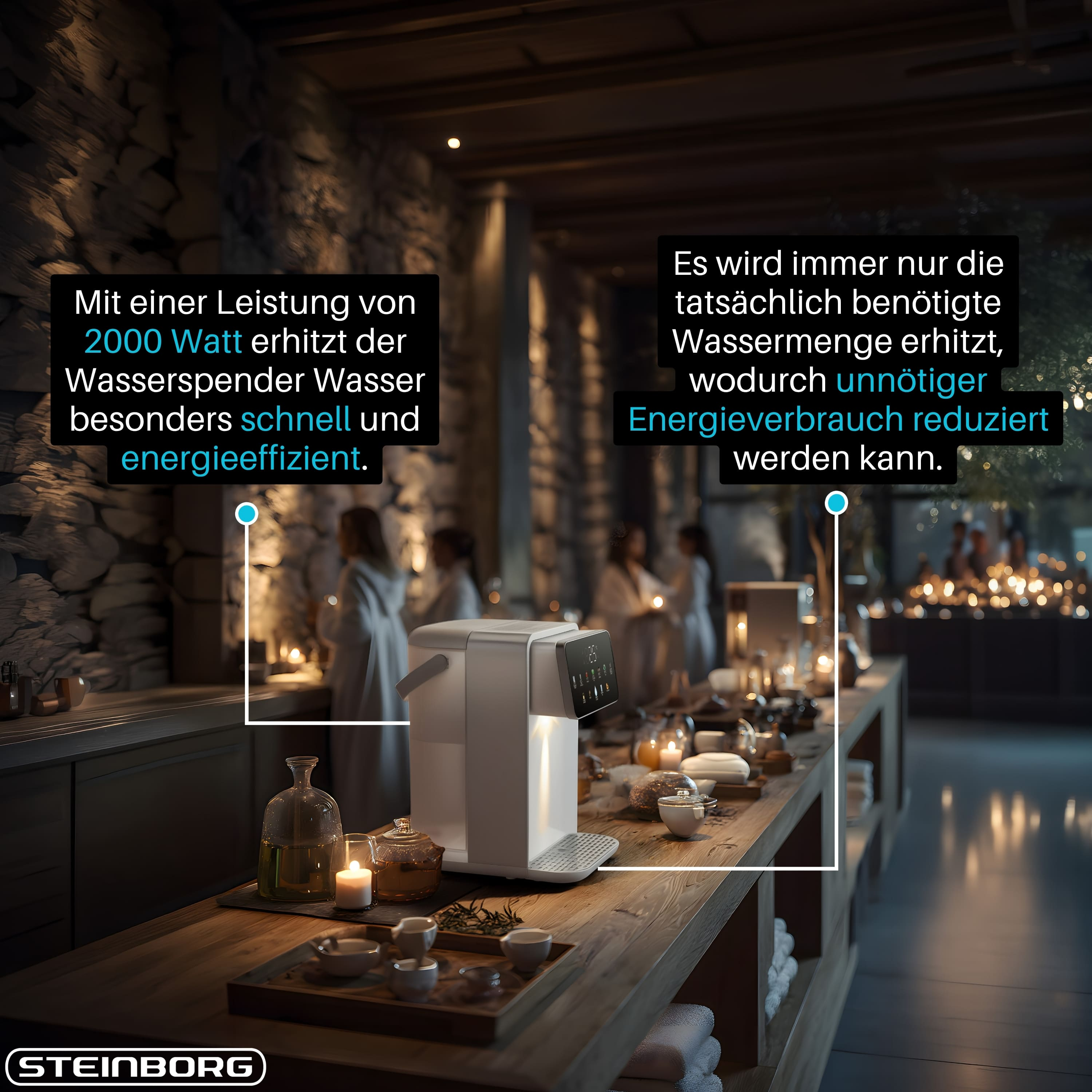 Ein weißer Wasserspender steht auf einer Holztheke in einem Wellnessraum mit Kerzen und Textblöcken.