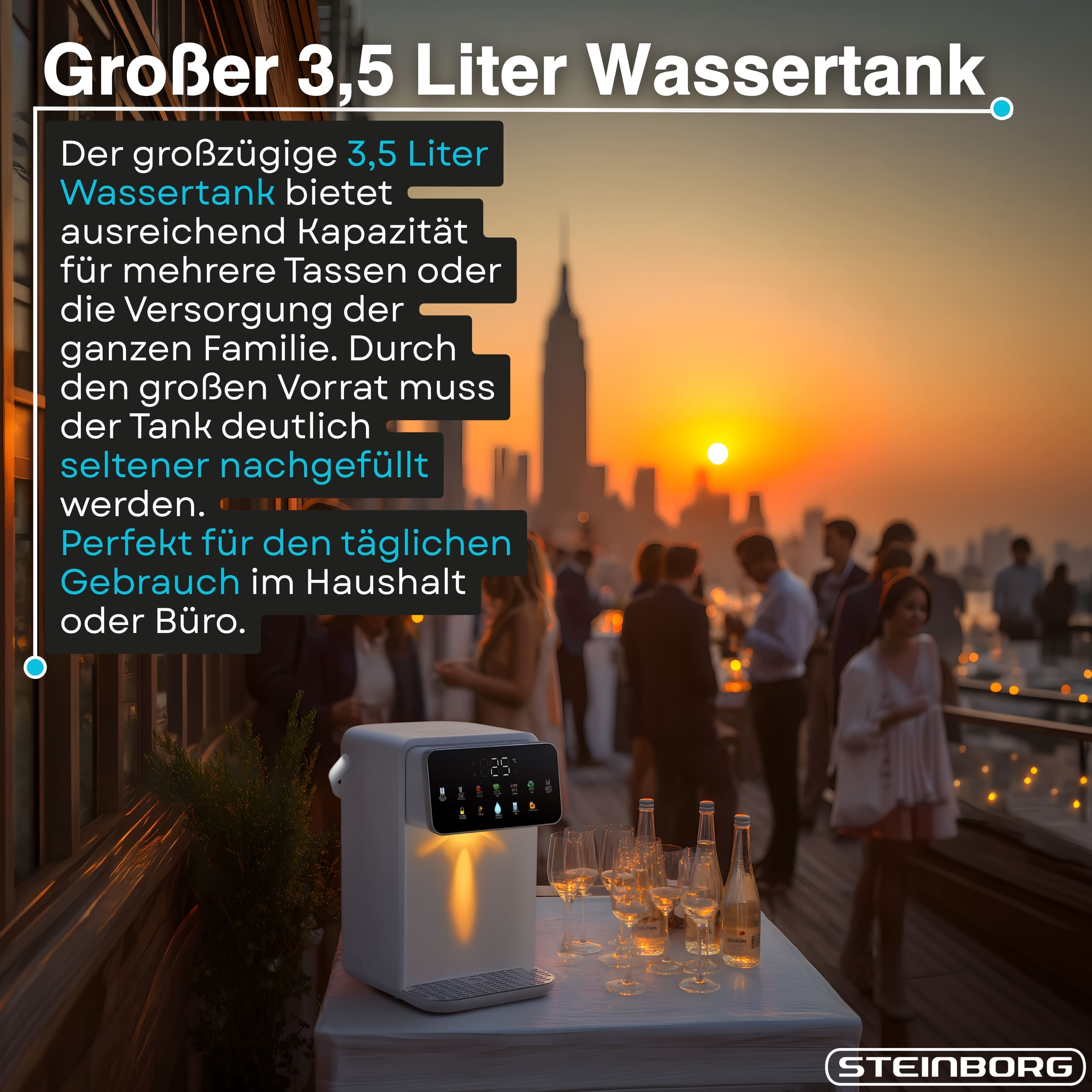 Werbebild für Wassertank mit Skyline im Hintergrund und Text.