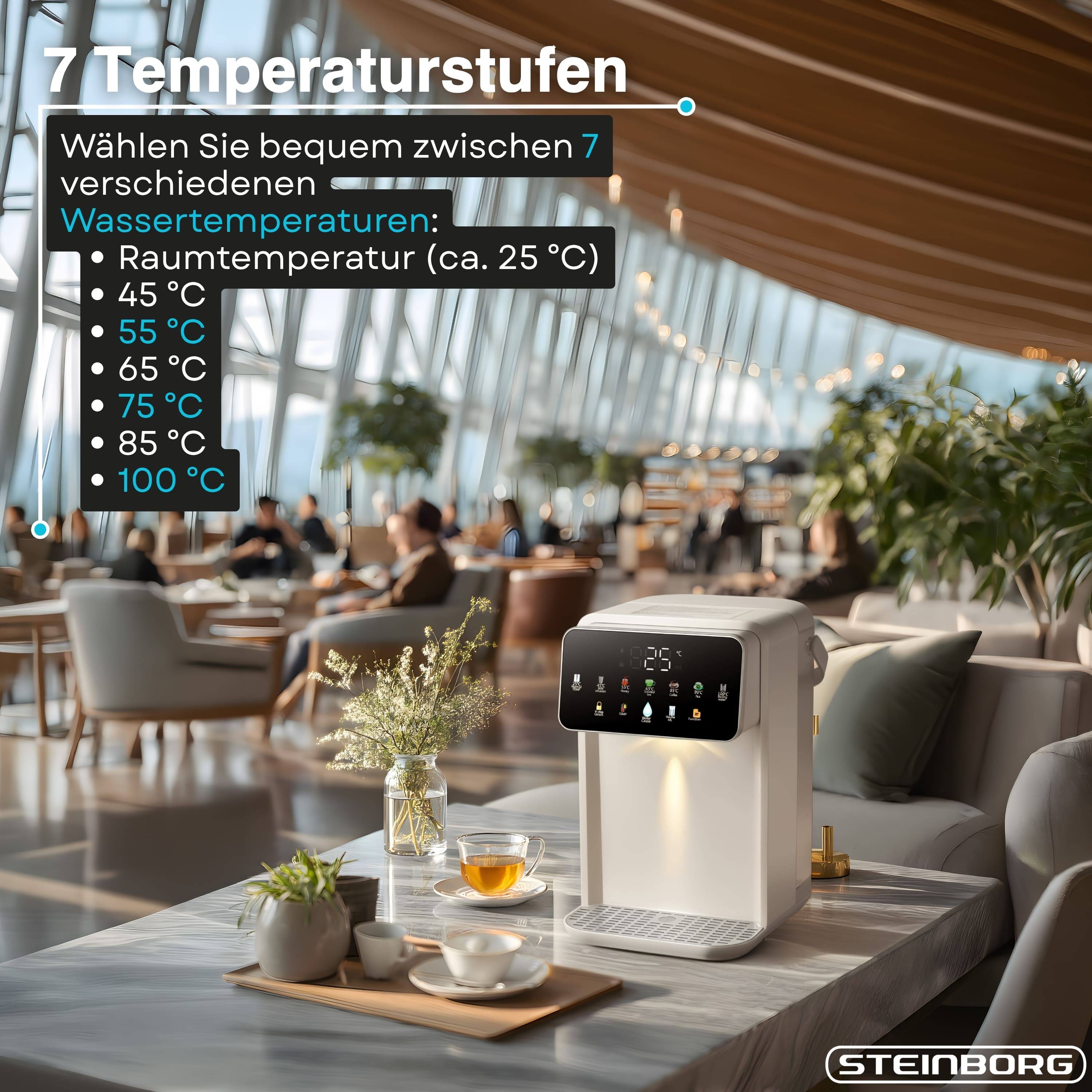 Ein weißer Wasserspender mit Temperatureinstellungen in einem modernen Café.