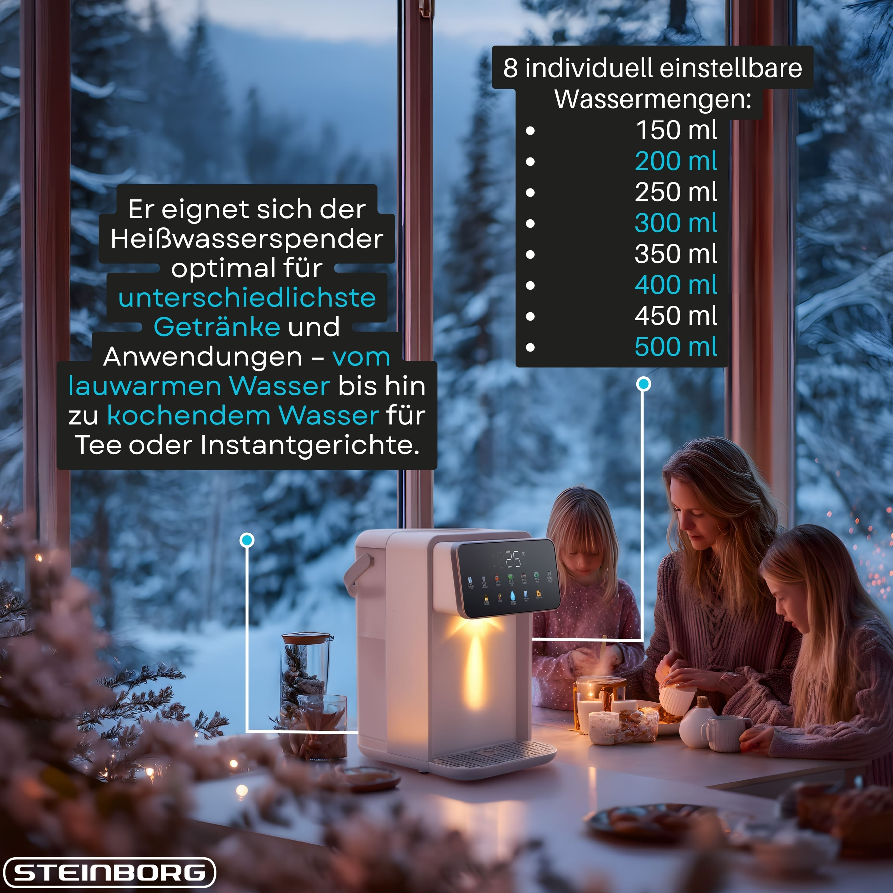 Eine Familie sitzt am Tisch vor einem winterlichen Fenster. Davor steht ein weißer Heißwasserspender mit Textüberlagerung.