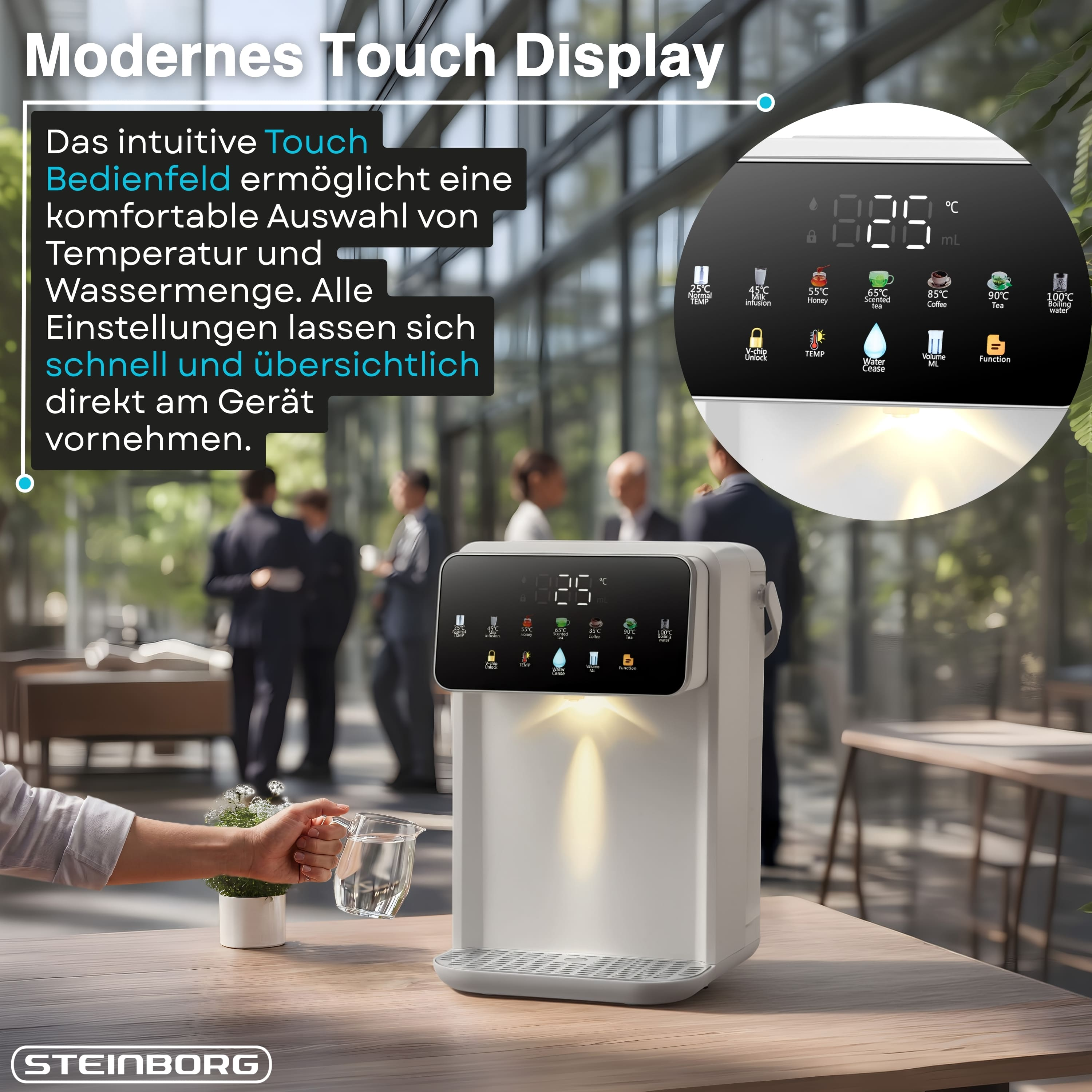 Moderner weißer Wasserspender mit Touch-Display auf einem Holztisch, im Hintergrund ein Büro.
