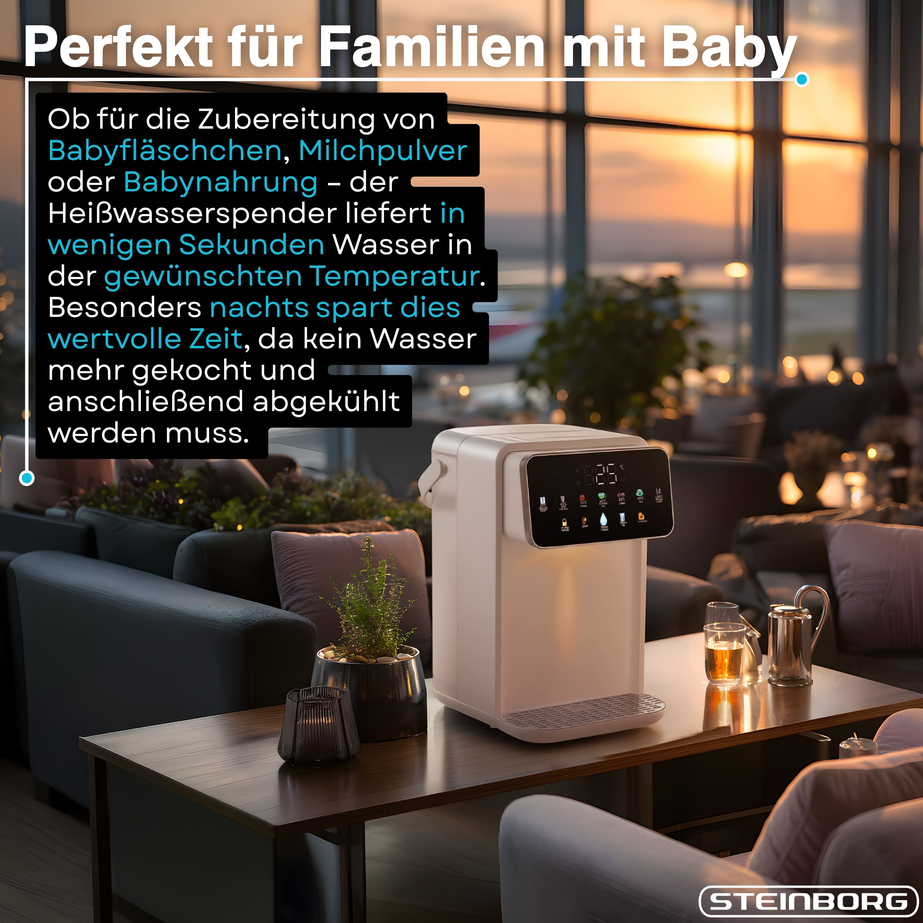Ein weißer Heißwasserspender steht auf einem Tisch in einem modern eingerichteten Raum mit großen Fenstern.