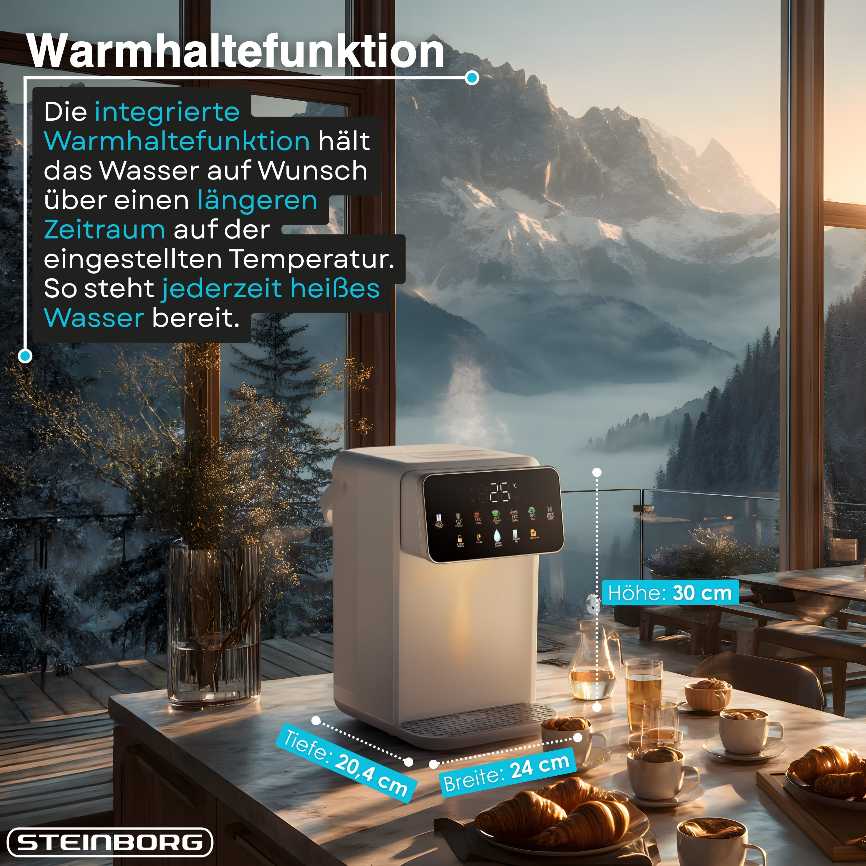 Ein weißer Wasserspender auf einem Tisch, im Hintergrund schneebedeckte Berge.