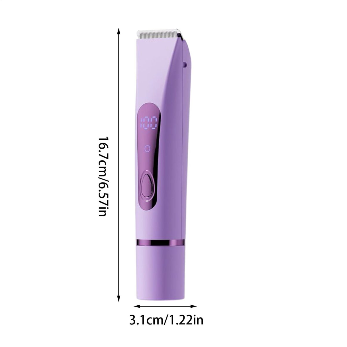 Ein lilafarbener Haarschneider mit Messungen von 16,7cm Höhe und 3,1cm Breite.