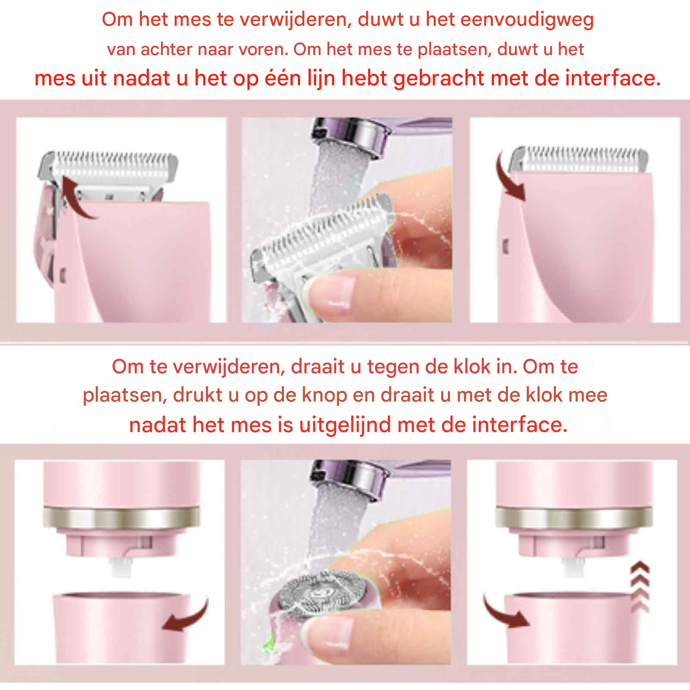 Anleitungsbilder zeigen, wie Scherteile eines pinken Geräts abgenommen, unter Wasser gereinigt und wieder aufgesetzt werden.