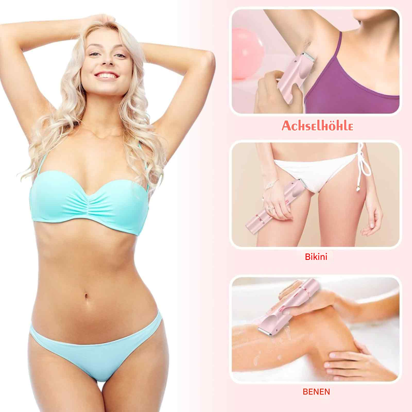 Eine lächelnde Frau im Bikini und drei Insets mit einem rosa Rasierer für Achseln, Bikiniaraum und Beine.