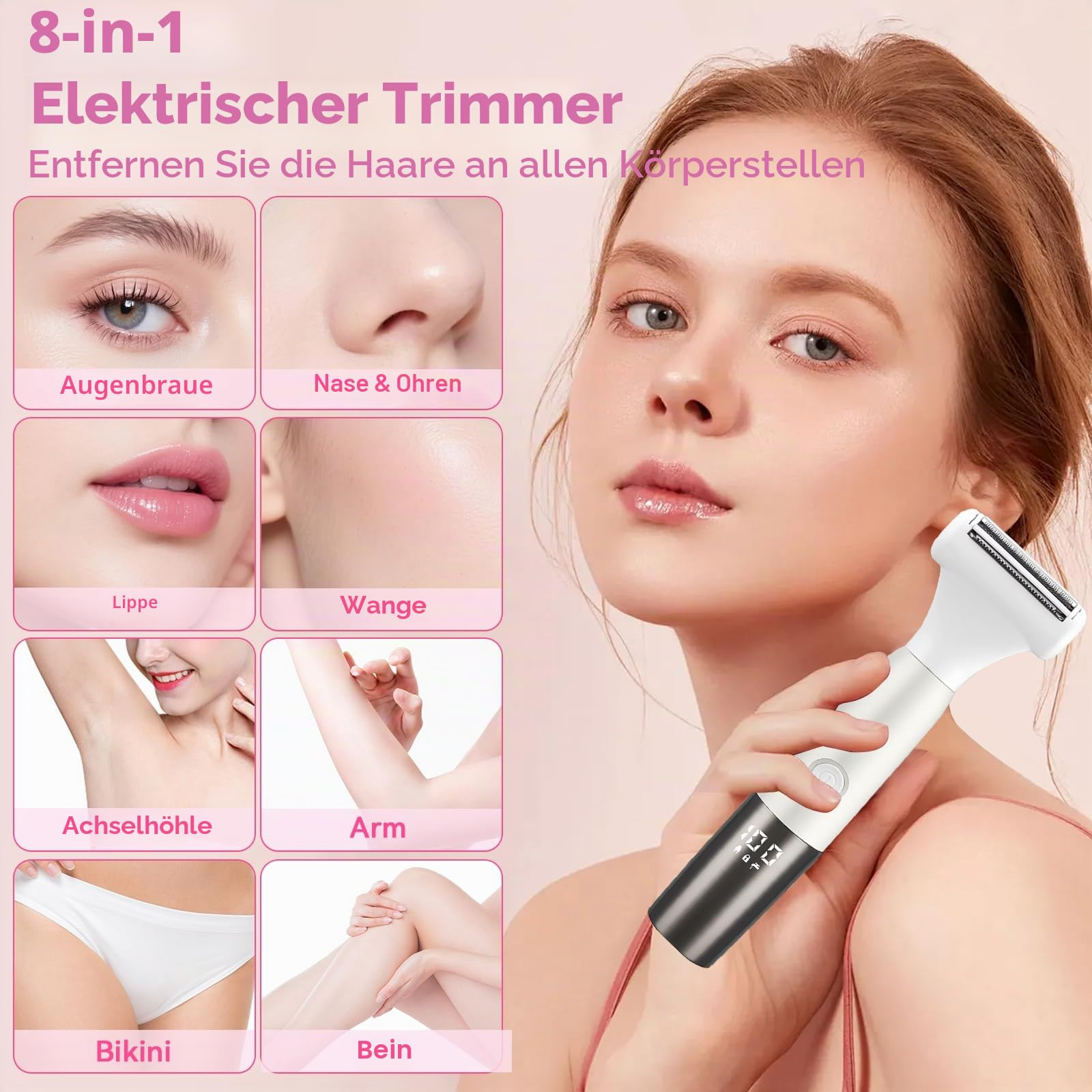 Eine Frau hält einen elektrischen Trimmer mit acht Aufsätzen für verschiedene Körperbereiche.