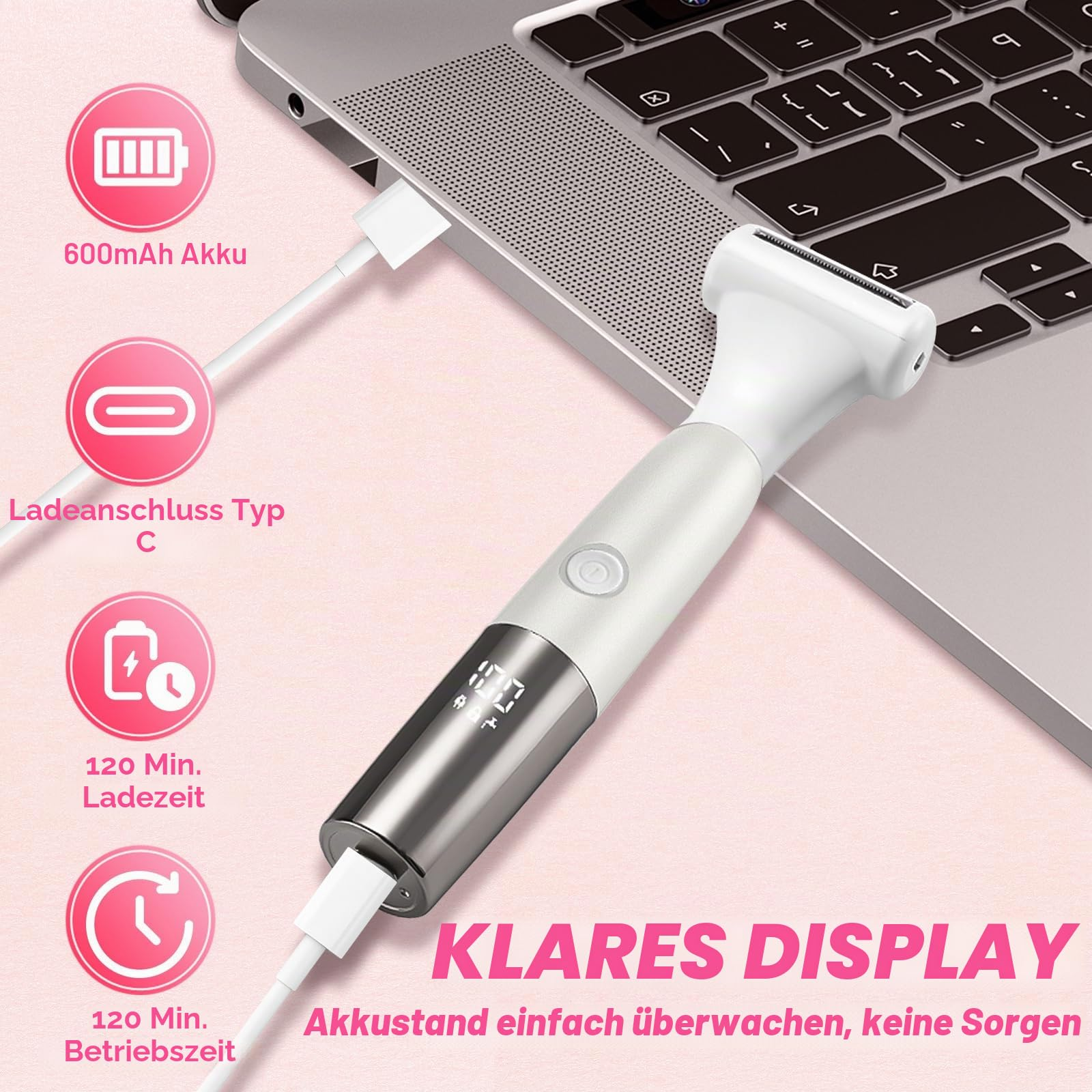 Ein weißer Rasierer lädt am Laptop mit USB-C, neben rosa Icons mit deutschen Produktmerkmalen.