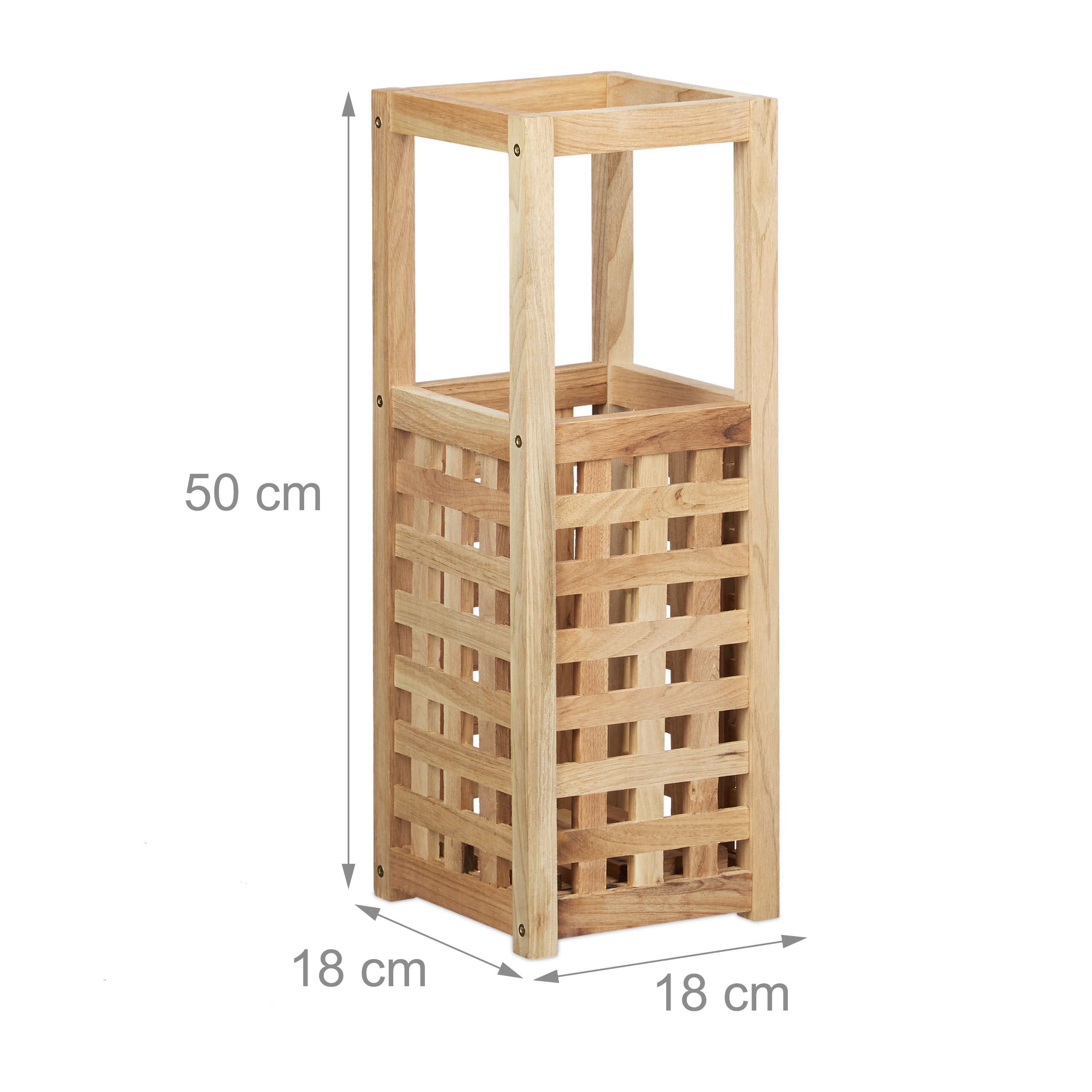 Ein hölzerner Schirmständer mit Maßen von 50 cm Höhe sowie 18 cm Breite und Tiefe vor weißem Hintergrund.