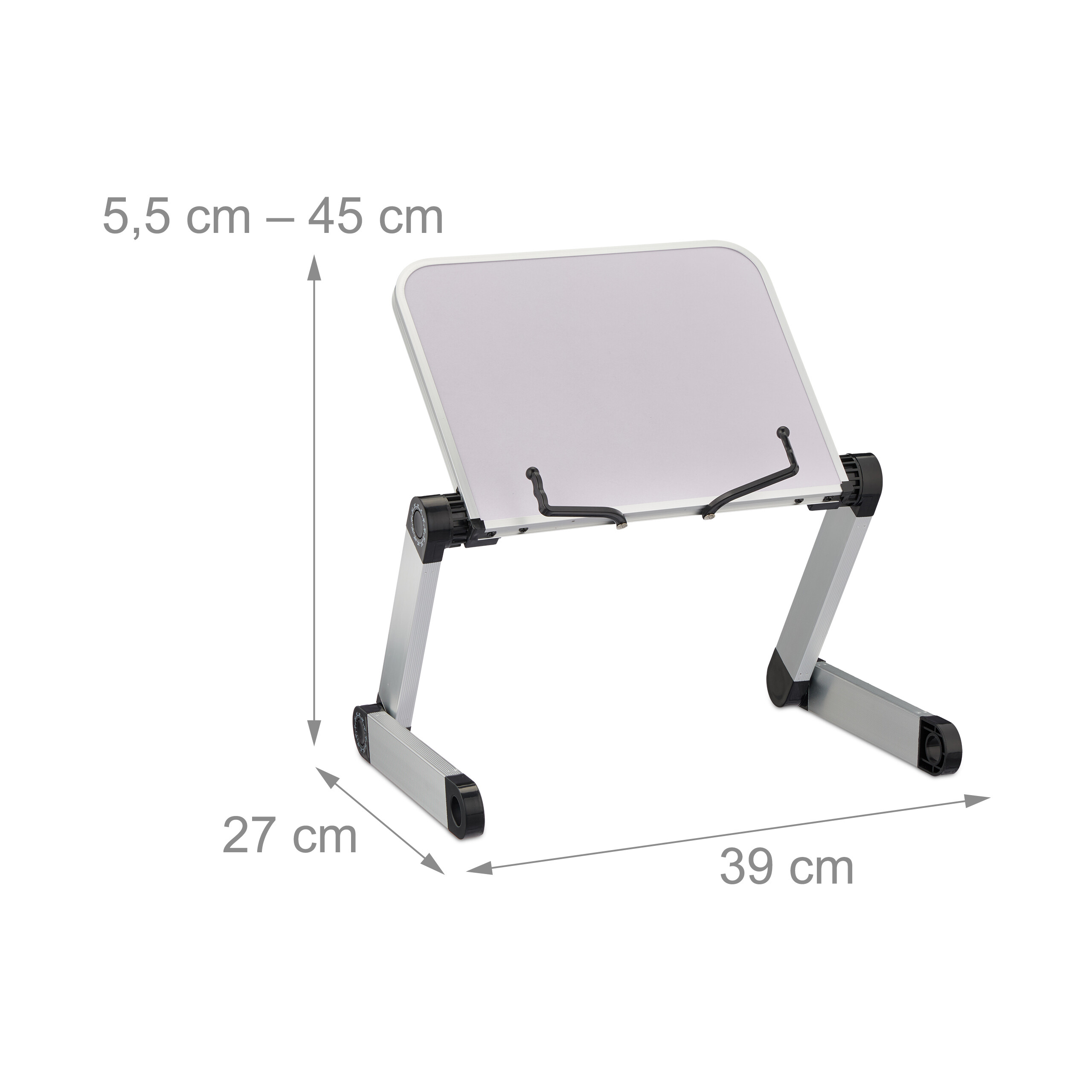 Ein silberner Laptoptisch mit verstellbaren Beinen und Maßen: Höhe 5,5 bis 45 cm, Breite 39 cm, Tiefe 27 cm.