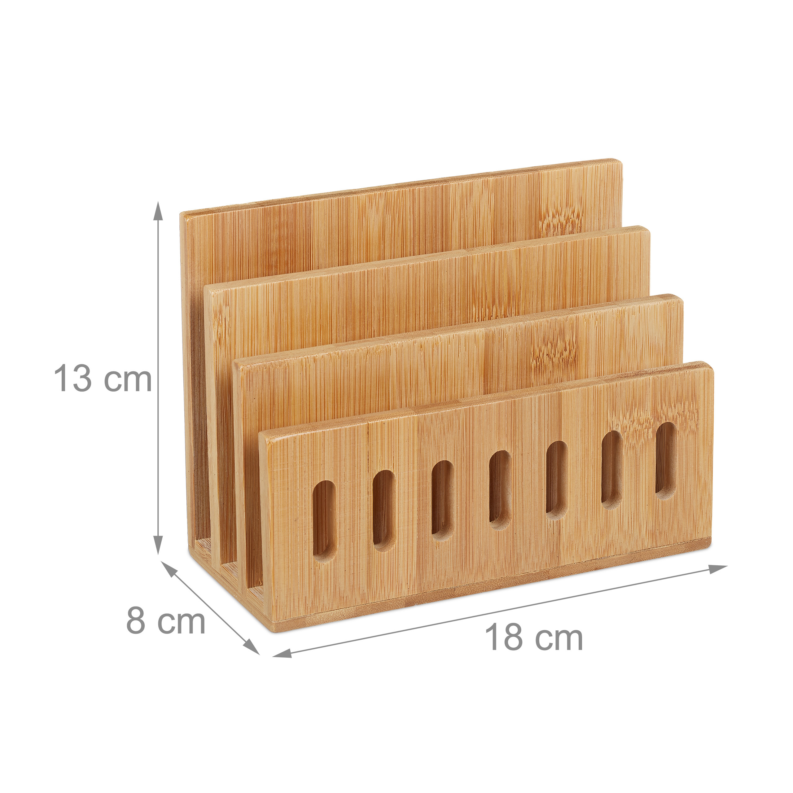 Holz-Briefhalter mit Stufen, Maße: 13 cm Höhe, 8 cm Tiefe, 18 cm Breite.