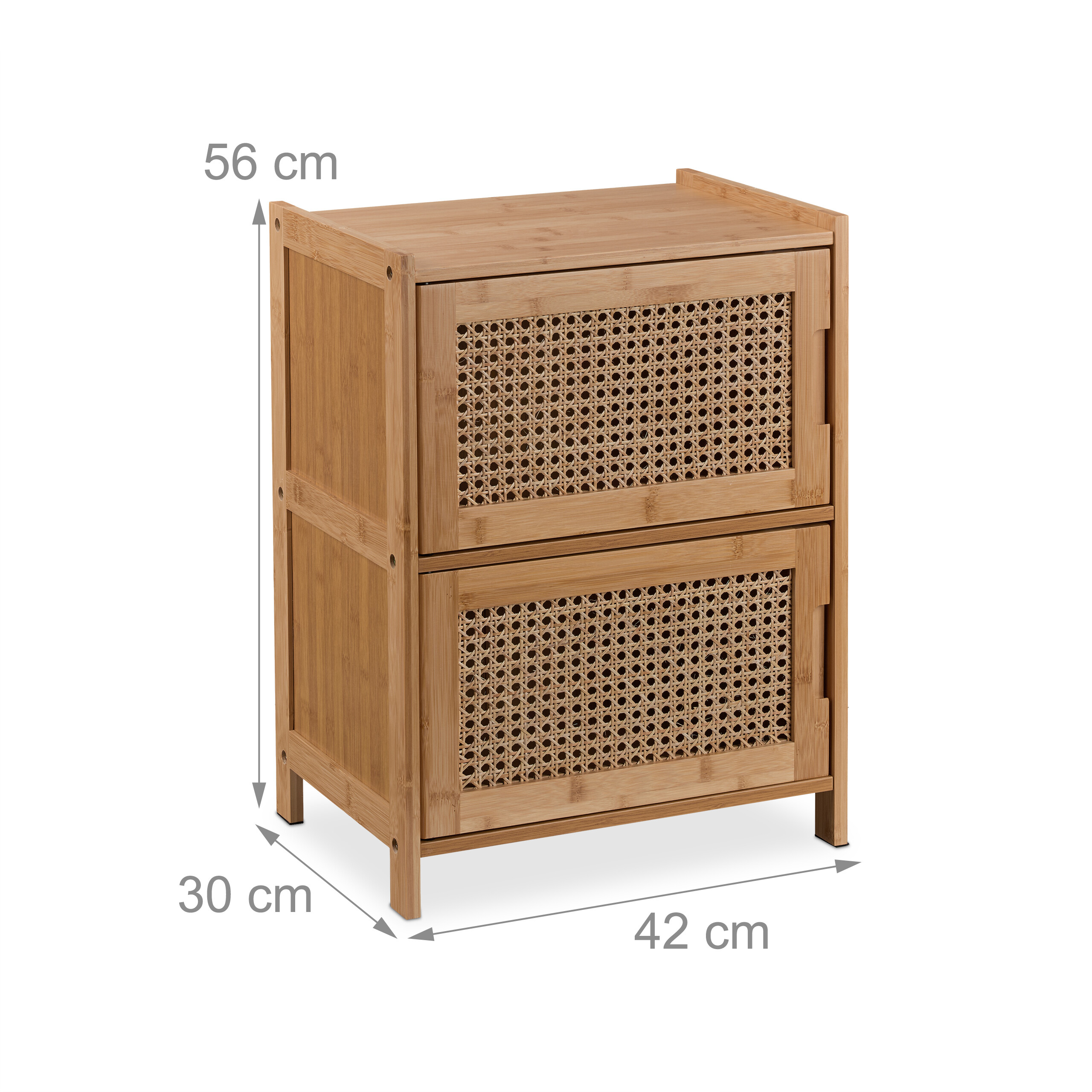 Kleiner Bambusschrank mit zwei geflochtenen Türen und den Maßen 56x42x30 cm.