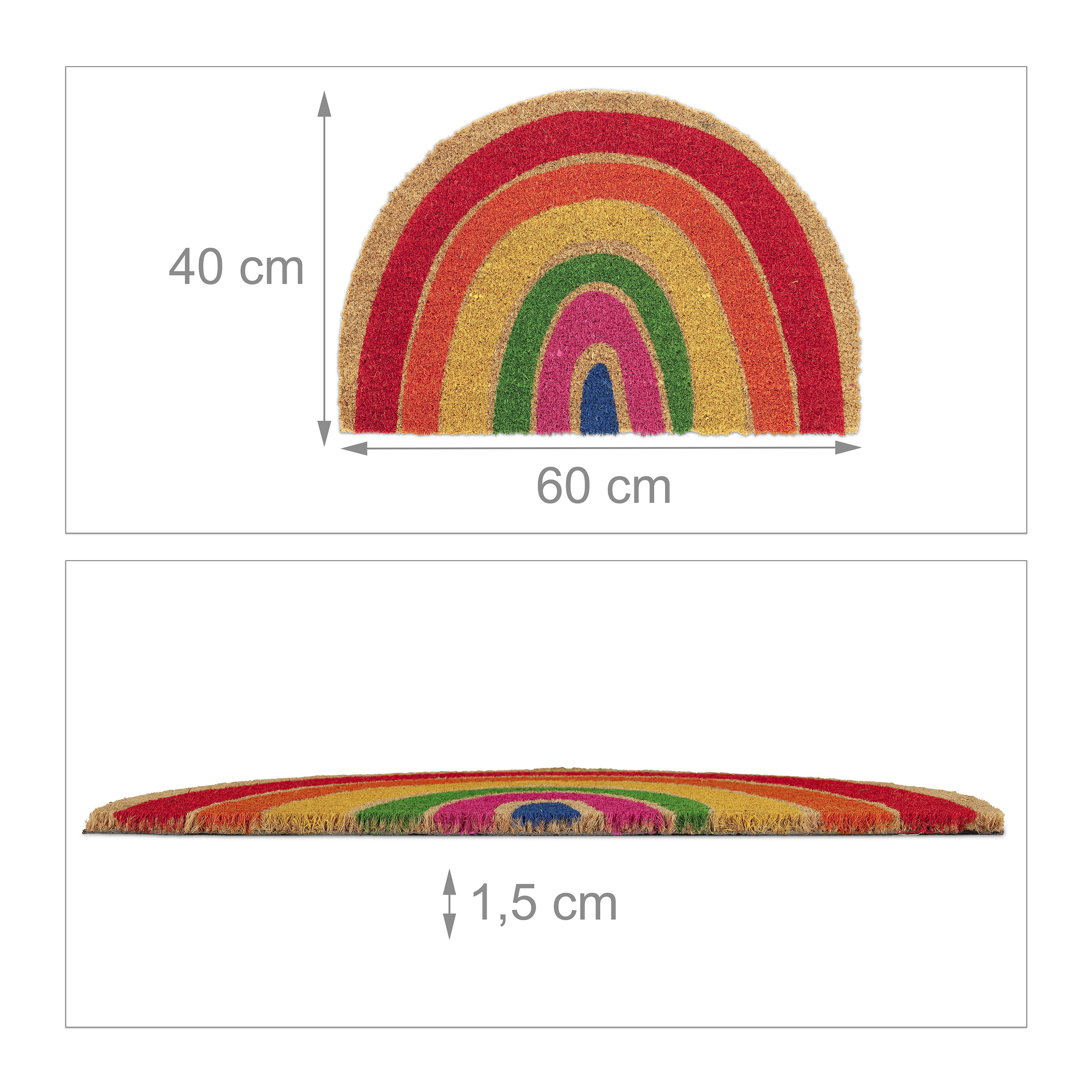 Halbkreisförmige Regenbogen-Fußmatte mit Maßen von 60x40 cm und 1,5 cm Dicke auf weißem Grund.