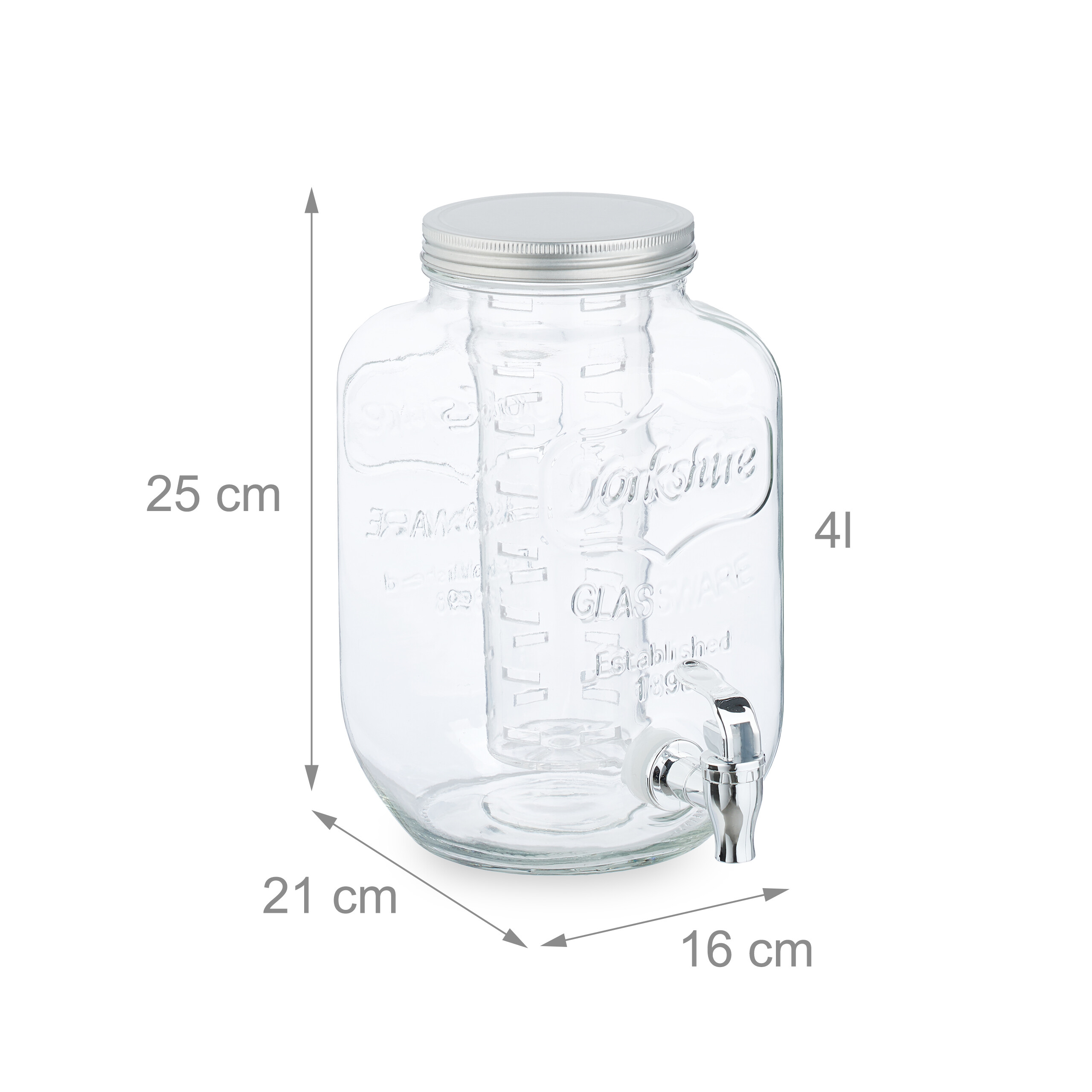 Transparenter Glas-Getränkespender mit Zapfhahn, Deckel und Maßen 25x21x16 cm.