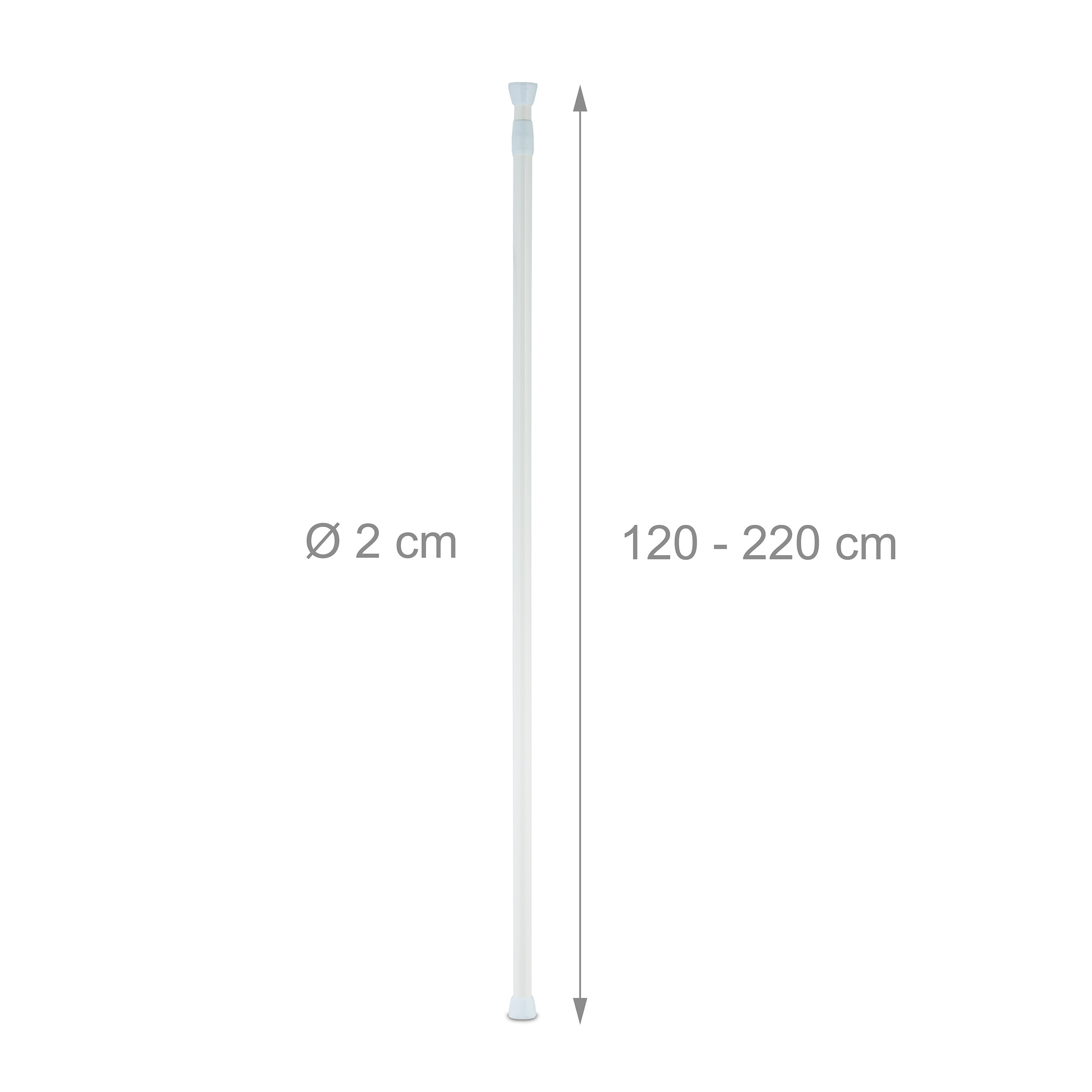 Eine weiße Duschstange mit Maßen: 2 cm Durchmesser und 120-220 cm Länge.