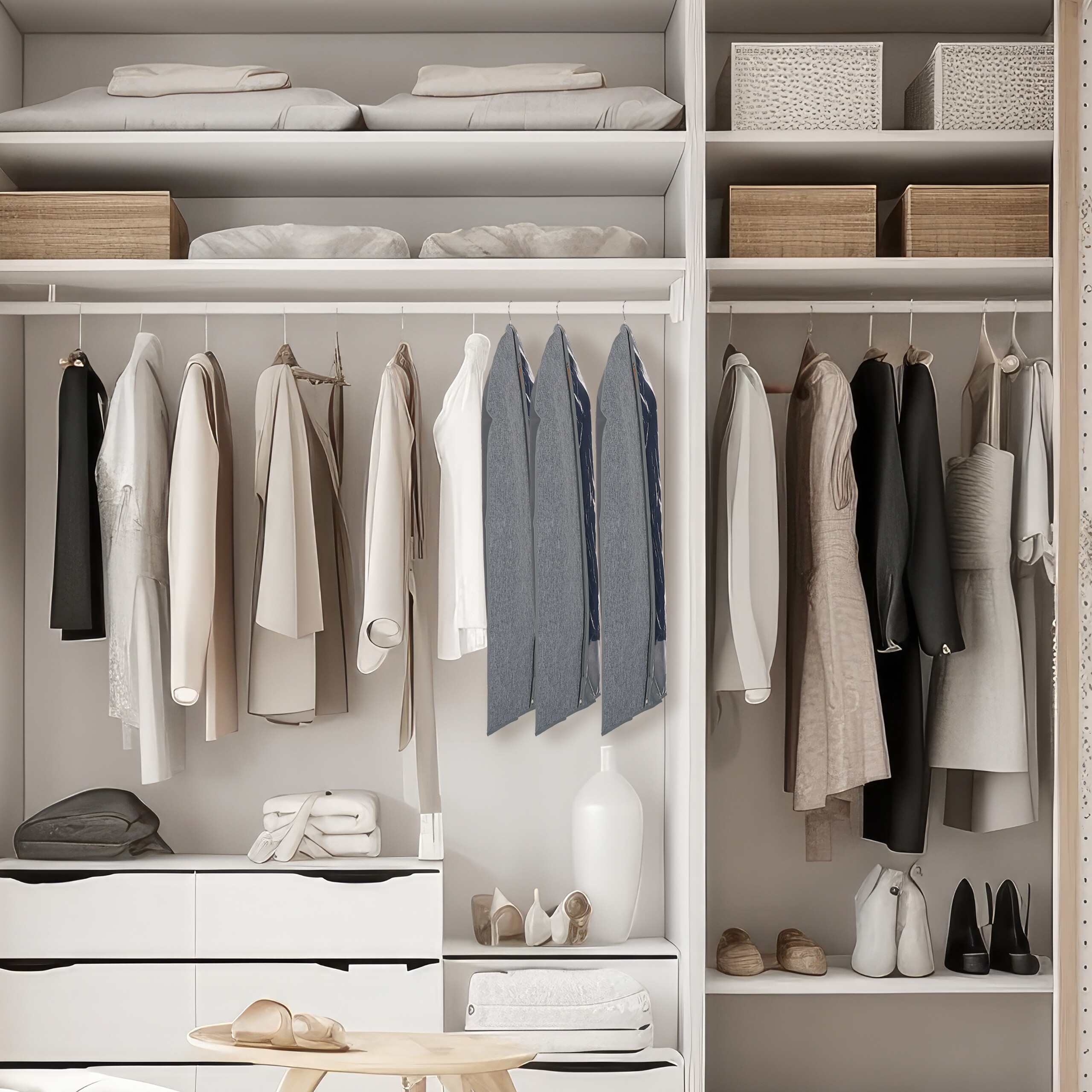 Ein weißer Kleiderschrank mit geordneten Kleidern, Jacken, Taschen und Schuhen auf Regalen.