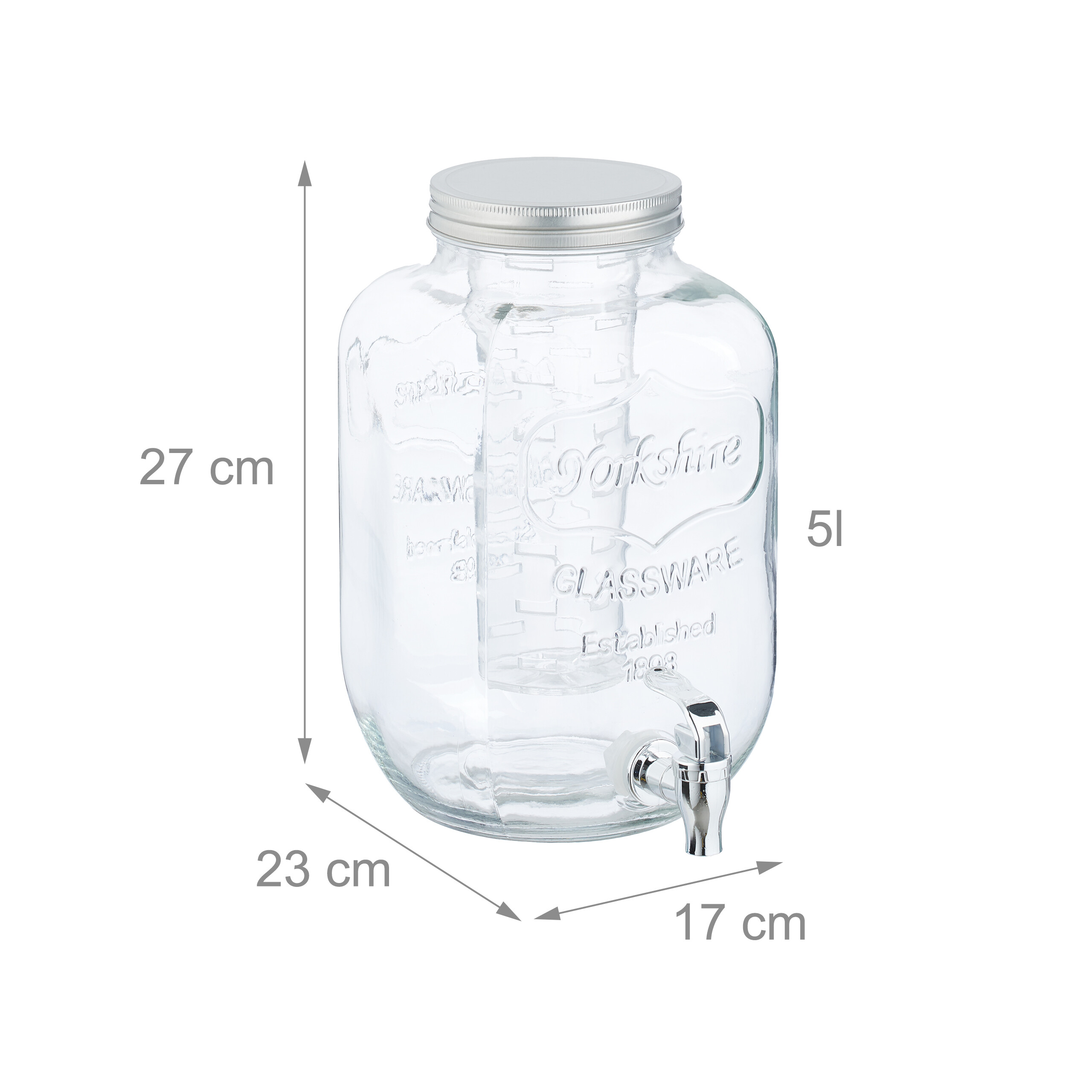 Ein 5-Liter-Glas-Getränkespender mit Maßen, silbernem Deckel und Hahn vor weißem Hintergrund.