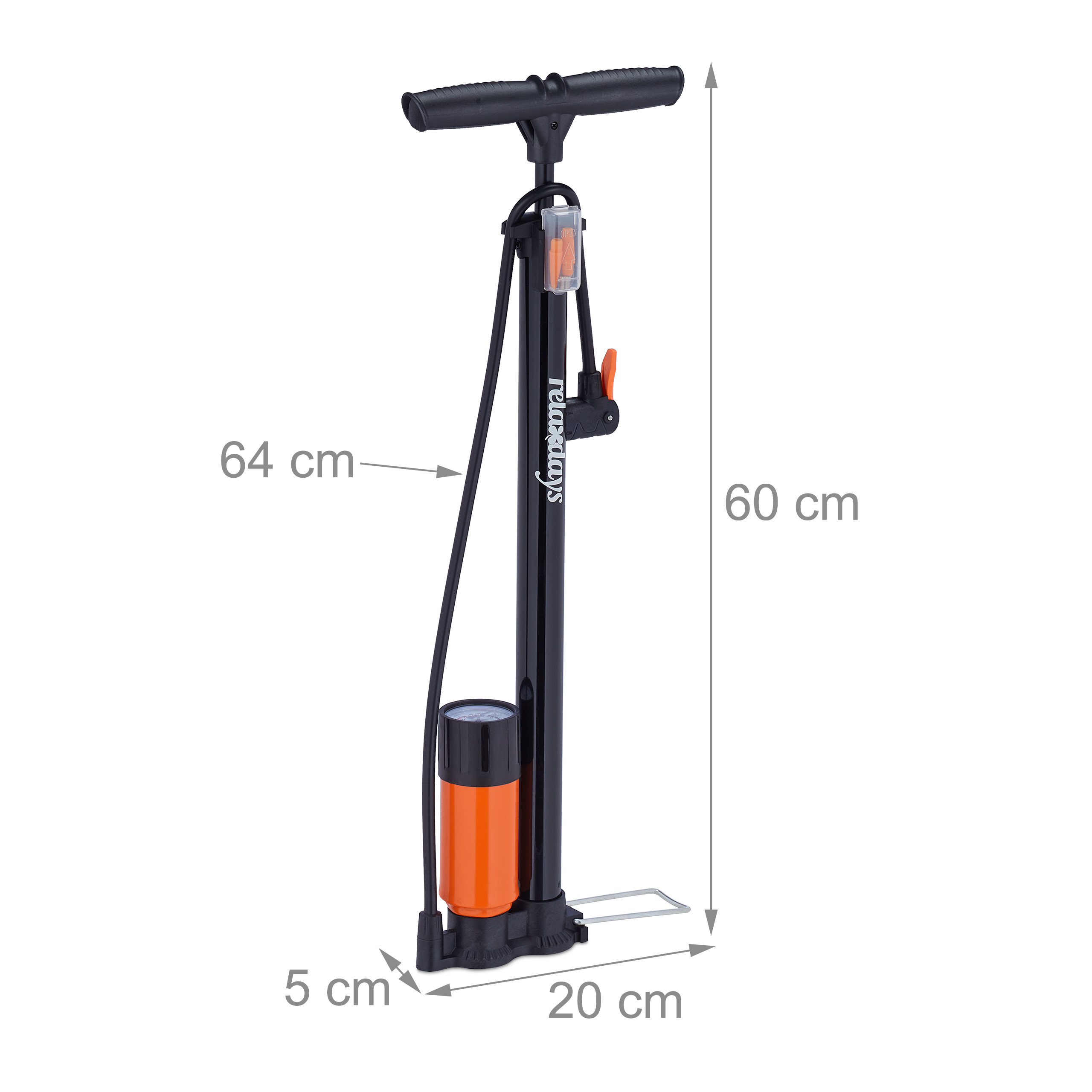 Eine schwarze Standpumpe mit orangem Zylinder, Manometer und Maßpfeilen für 60 cm Höhe.