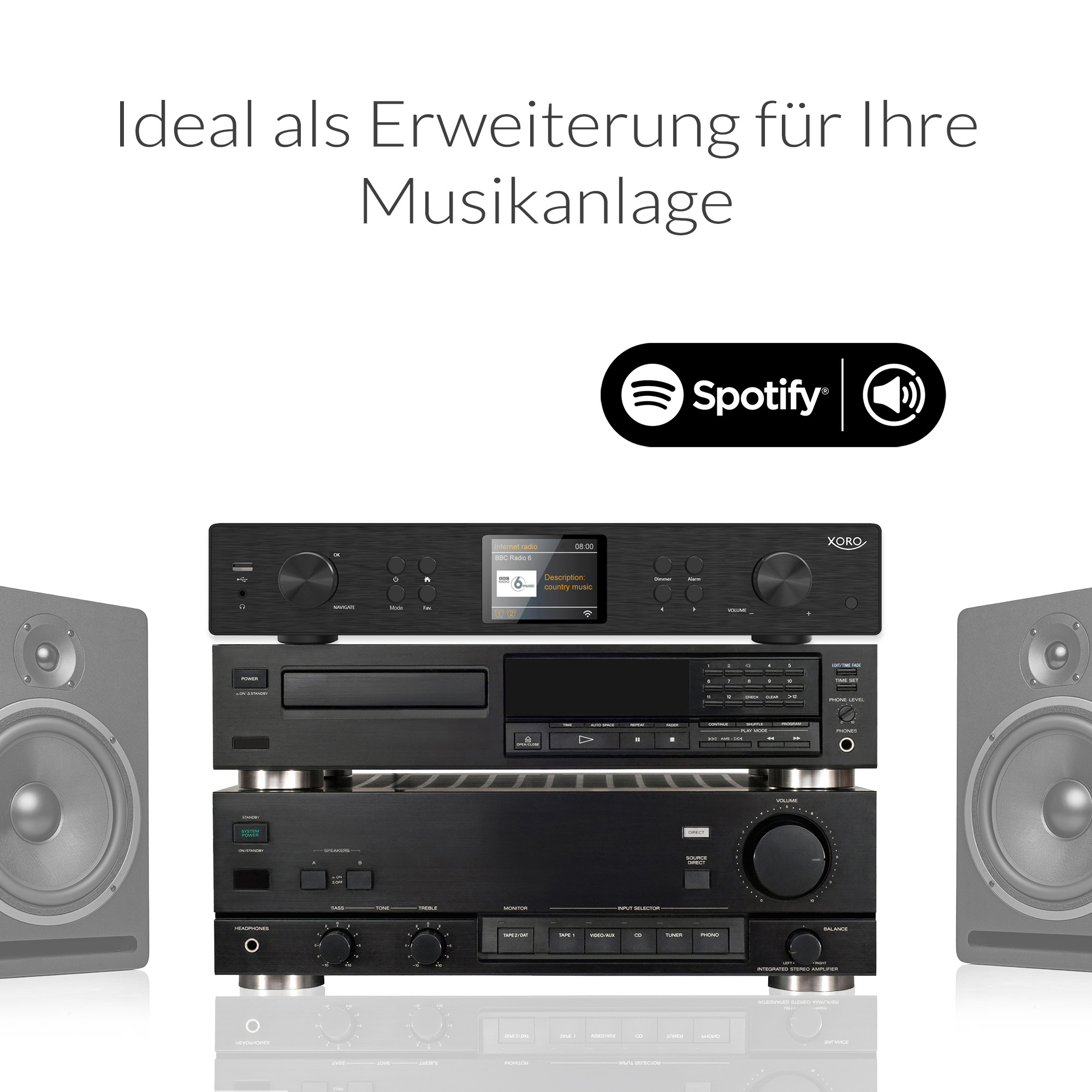 Ein schwarzer Stereo-Receiver über CD-Player und Verstärker, flankiert von zwei Lautsprechern.