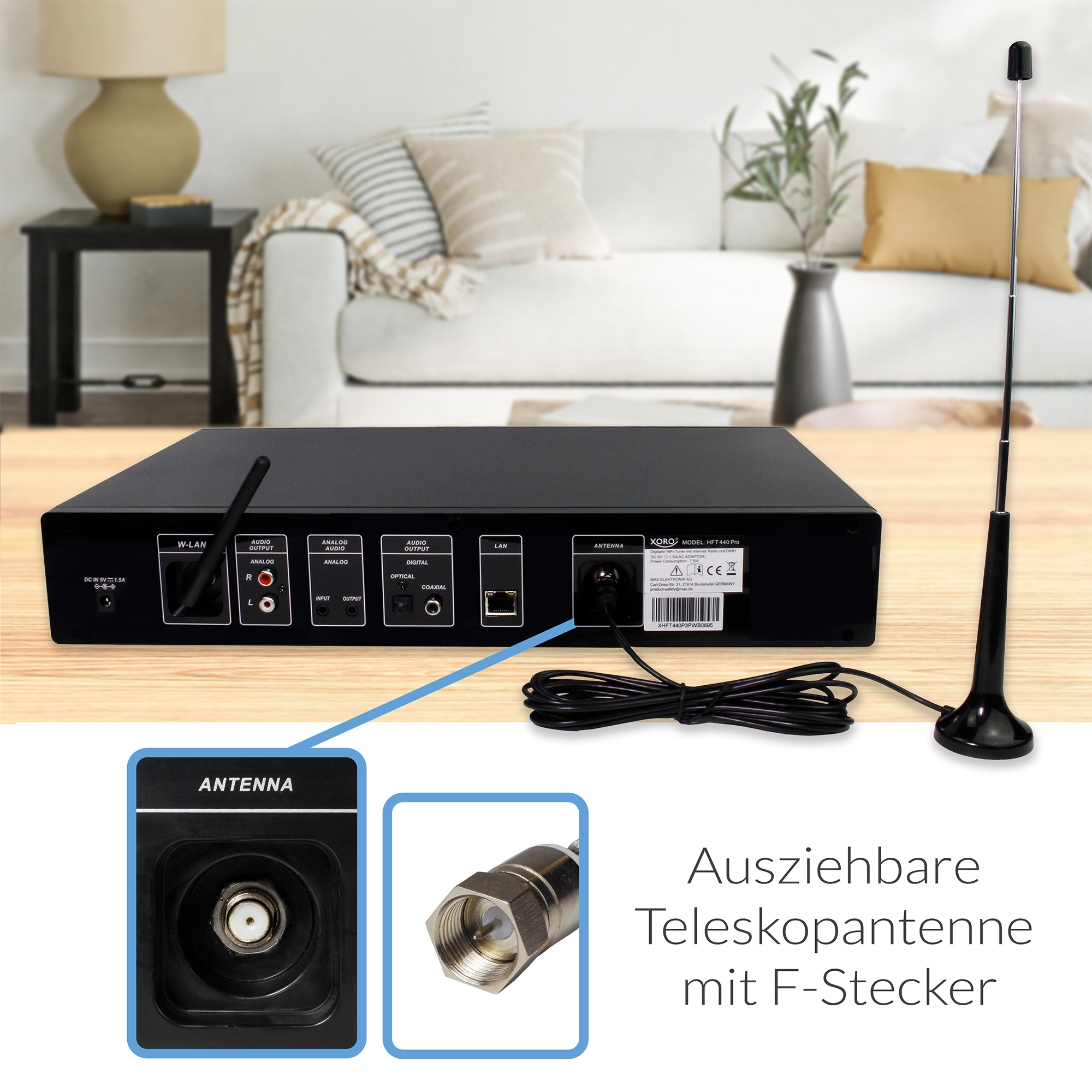 Rückseite eines schwarzen Audiogeräts mit Steckern und herausziehbarer Teleskopantenne mit F-Stecker.