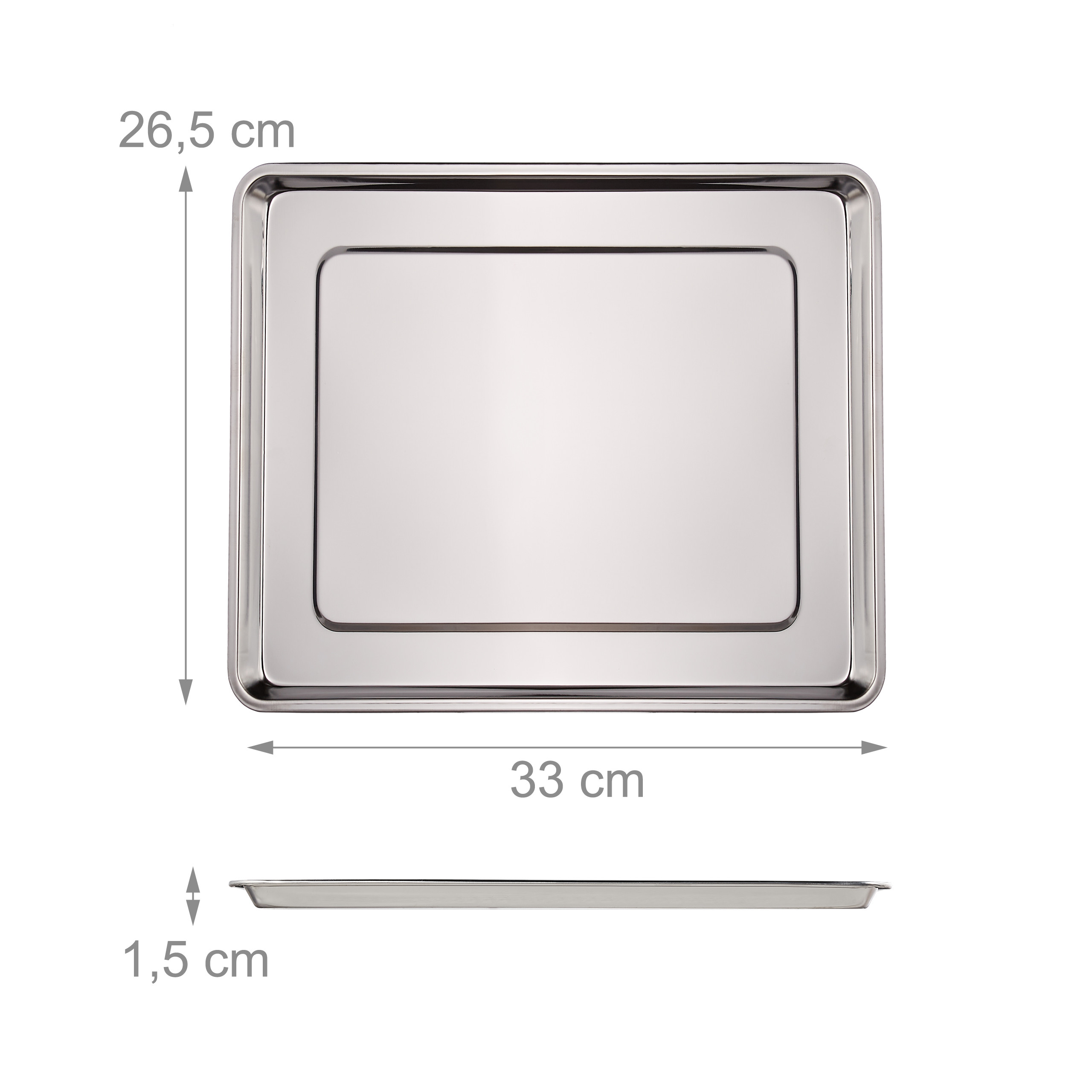 Edelstahlblech mit Maßen 33 cm Länge, 26,5 cm Breite und 1,5 cm Höhe, von oben und der Seite.