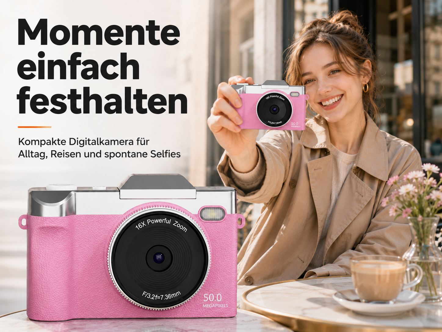 Eine Frau hält eine rosafarbene Digitalkamera, im Vordergrund steht eine gleiche Kamera und Kaffee.
