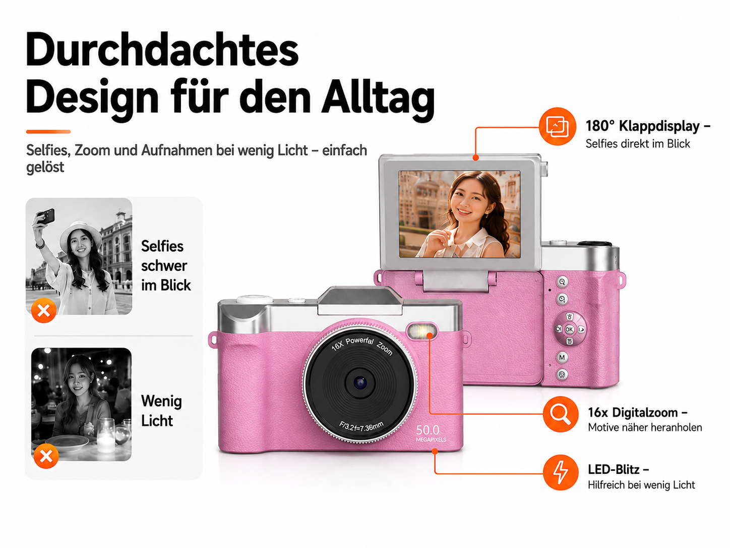 Rosa Digitalkamera mit Klappbildschirm, 16-fach Zoom und LED-Blitz für den Alltag.