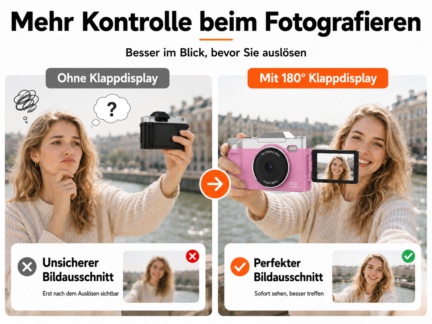 Vergleich zweier Kameras: Ohne Klappdisplay ist das Ergebnis unklar, mit Klappdisplay gelingt das perfekte Selfie.